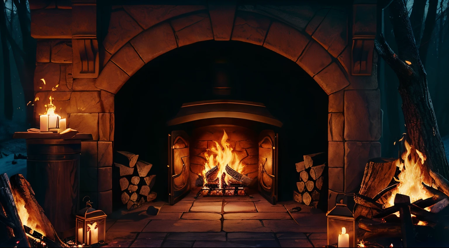 in the background there is a fireplace with a glowing door, Portal to the Realm of the Lost Flame, The magic portal is open., odin's stone arena background, holy fire spell art, Purple fire around the Magic Arena, A vortex portal expels the elders, background art, Campfire background, Magic Gate Portal, background illustration, holy flame spell, dove, flows around him