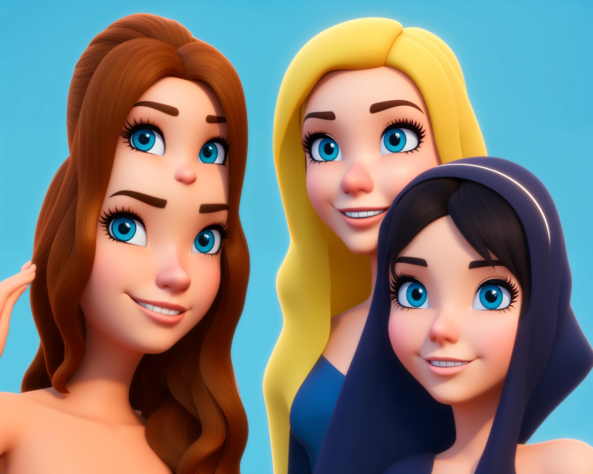 create a disney pixar styler image for two female best friends, one is white, blonde and have blue eyes, the second one is tan, wearing a veil and have a light brown eyes