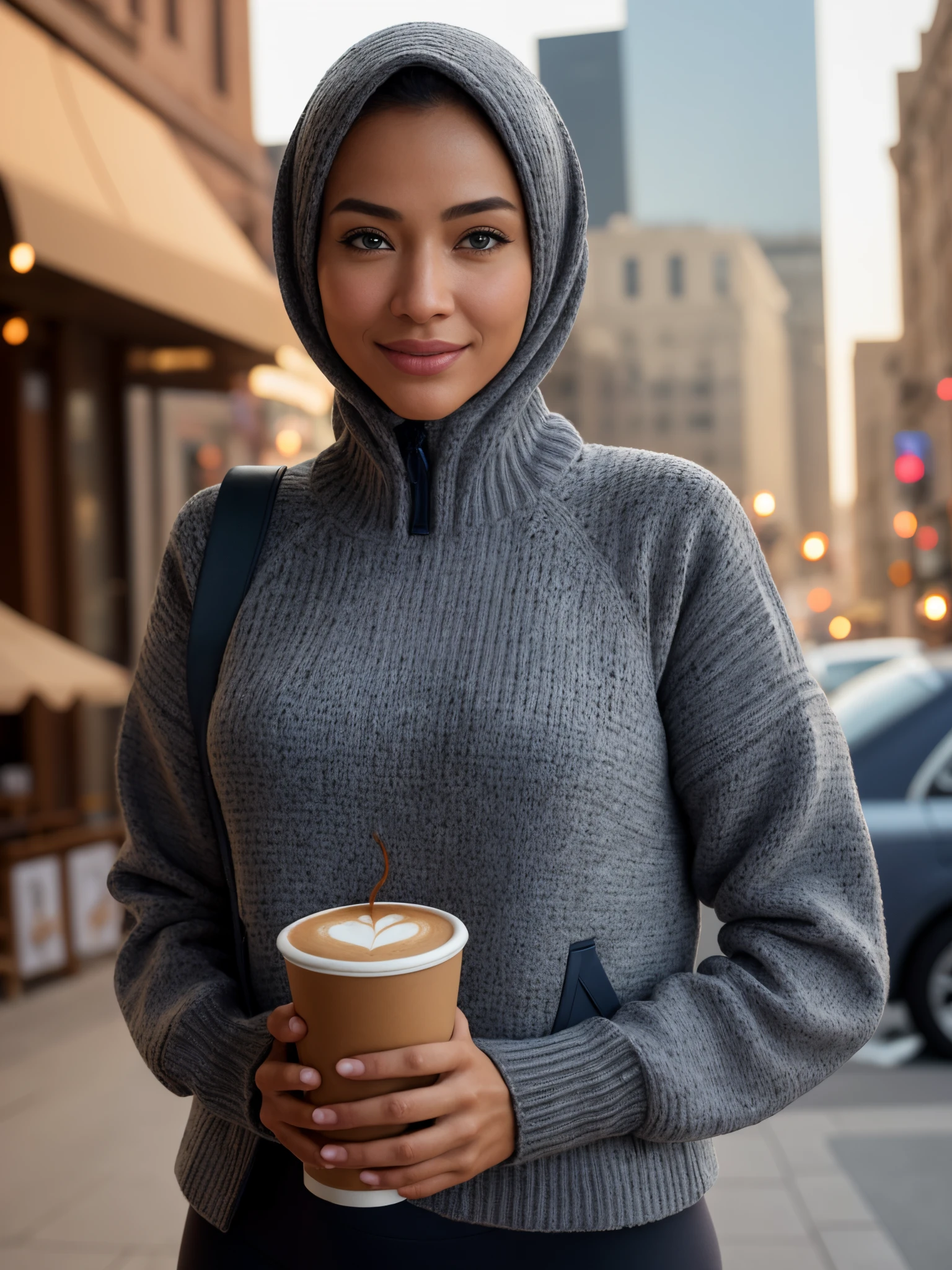 (masterpiece, best quality:1.4), (modern days), (cowboy shot), 1 malay girl in hijab, grey hijab, solo, pov, sfw,
stunning girlfriend, (standing:1.1), dynamic pose, (white oversized sweater, knit sweater:1.4), (tight yoga pants, dark grey yoga pants:1.4), (short navy blue jacket, denim jacket:1.4), heart shaped face, elegant face, beautiful face, highly detailed face, highly detailed skin, skin pores, subsurface scattering, (detailed blue eyes), realistic pupils, large sagging breast, camel toe, loving smile, looking at viewer, full face blush, full lips, holding a single coffee cup, centered,
coffee shop in background, city street, sunny day, wind, detailed background, depth of field, atmospheric perspective, volumetric lighting, sharp focus,
absurdres, realistic proportions, good anatomy, (realistic, hyperrealistic:1.4), 16k hdr,