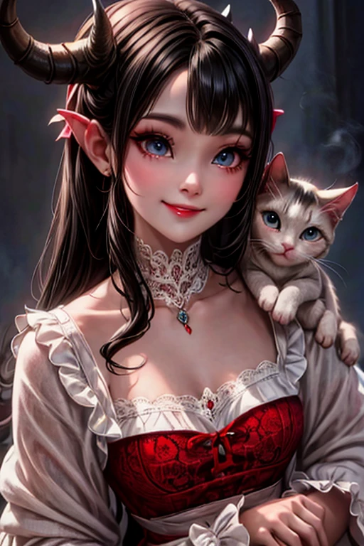 a close up of a horned demon girl smiling in a lace cloth outfit, cat eyes, black hair, red smokey eyes makeup, choke
