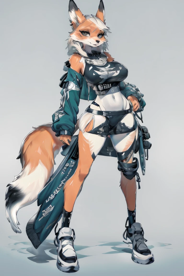 (hi res), ((Masterpiece)) , ((Best Quality)), character design, woman's, Fox, average breasts, full body, furry, modest, streetwear outfit,