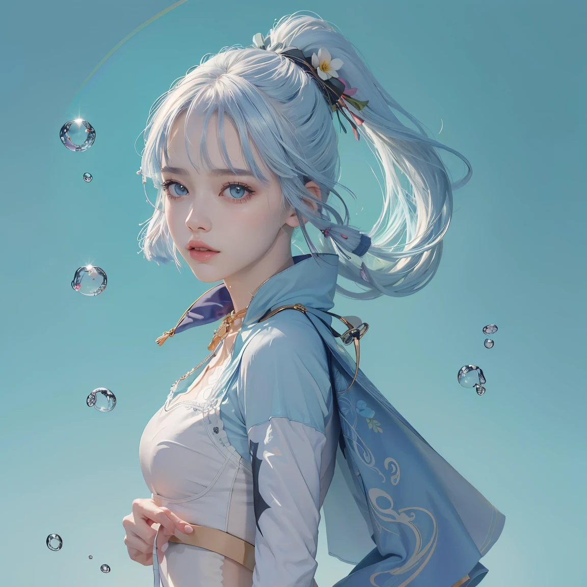 (masterpiece), (best quality), (ultra detailed),(disheveled hair),(illustration), (1girl), (Fashionable clothing), standing, Fashion model, looking at viewer, (interview), (simple background),beautiful detailed eyes, delicate beautiful face, Floating,(high saturation),(colorful splashes),colorful bubble,(shining), focus on body,  ponytail, kamisato ayaka, light blue hair, bangs, hair ring, floating flowers, floating hairs, (shining), best lighting, best shadow,