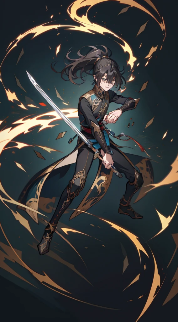 （Huang Li，A high resolution，ultra - detailed），tmasterpiece，Best quality，Boys with long hair and high ponytail，with sword，独奏，Handsome，Short hair details，black hair color hair，Detailed faces，Fighting posture，attack pose，（longer sleeves）Sword holding posture，dramatic backgrounds，Chinese antique scene，swirles，spark of light，swirls of magic