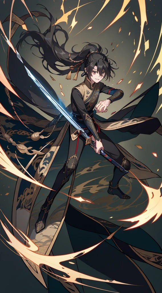 （Huang Li，A high resolution，ultra - detailed），tmasterpiece，Best quality，Boys with long hair and high ponytail，with sword，独奏，Handsome，Short hair details，black hair color hair，Detailed faces，Fighting posture，attack pose，（longer sleeves）Sword holding posture，dramatic backgrounds，Chinese antique scene，swirles，spark of light，swirls of magic