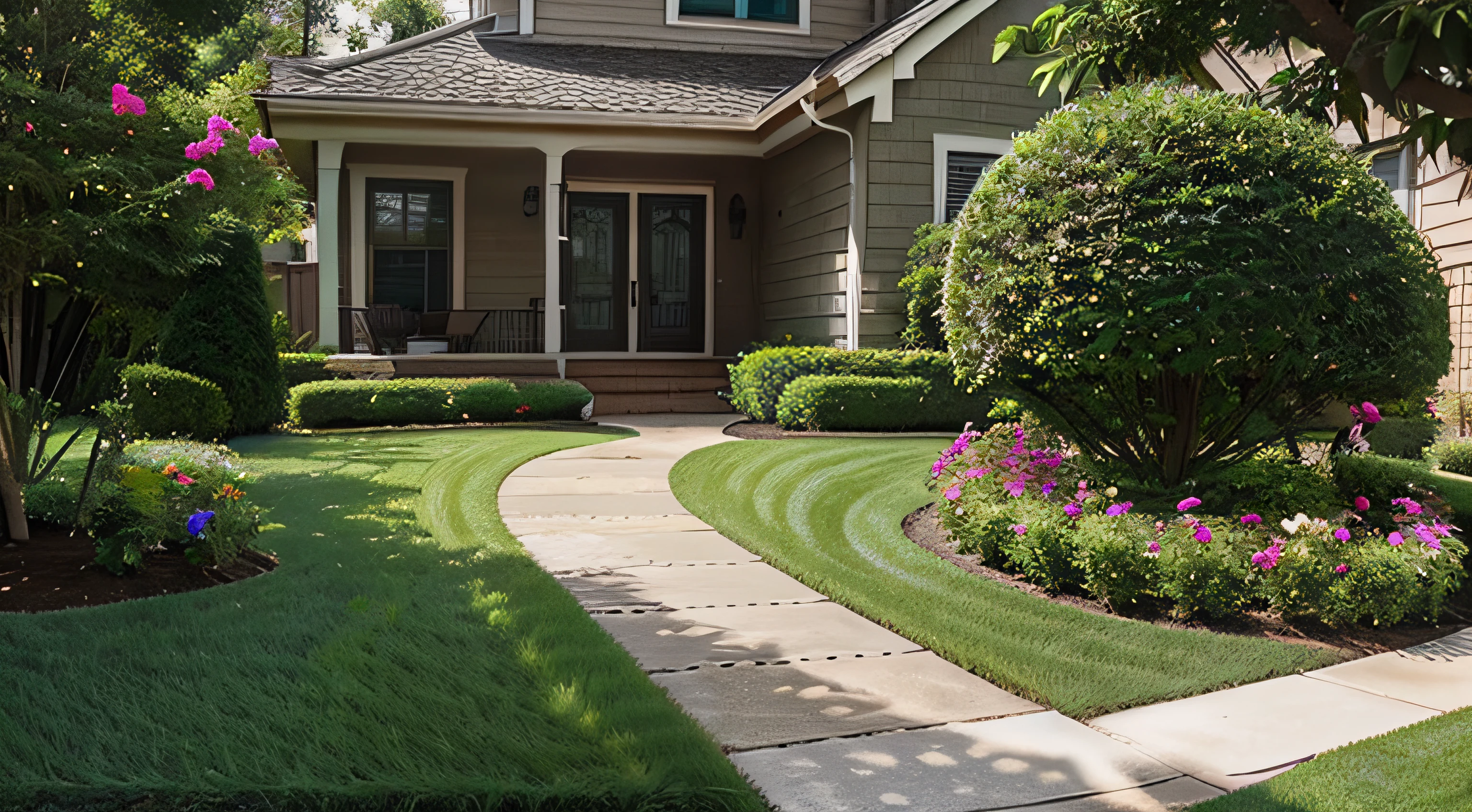 A beautiful artificial lawn in the front yard with nice flowers and shrubs surrounding it