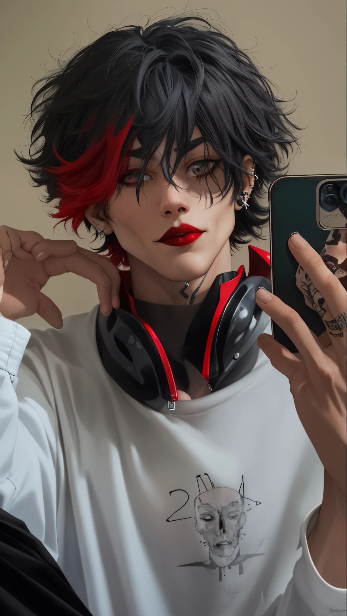 Alternative guy with vertical lip piercings and black and red hair