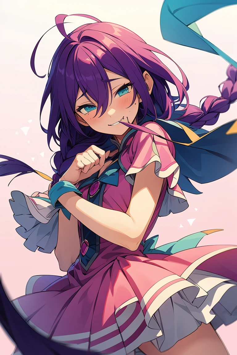 long hair, mole under mouth, purple hair, single braid, hair between eyes, aqua eyes, sharp teeth, ahoge, blush, smile, pink dress, magical girl, hair ribbon