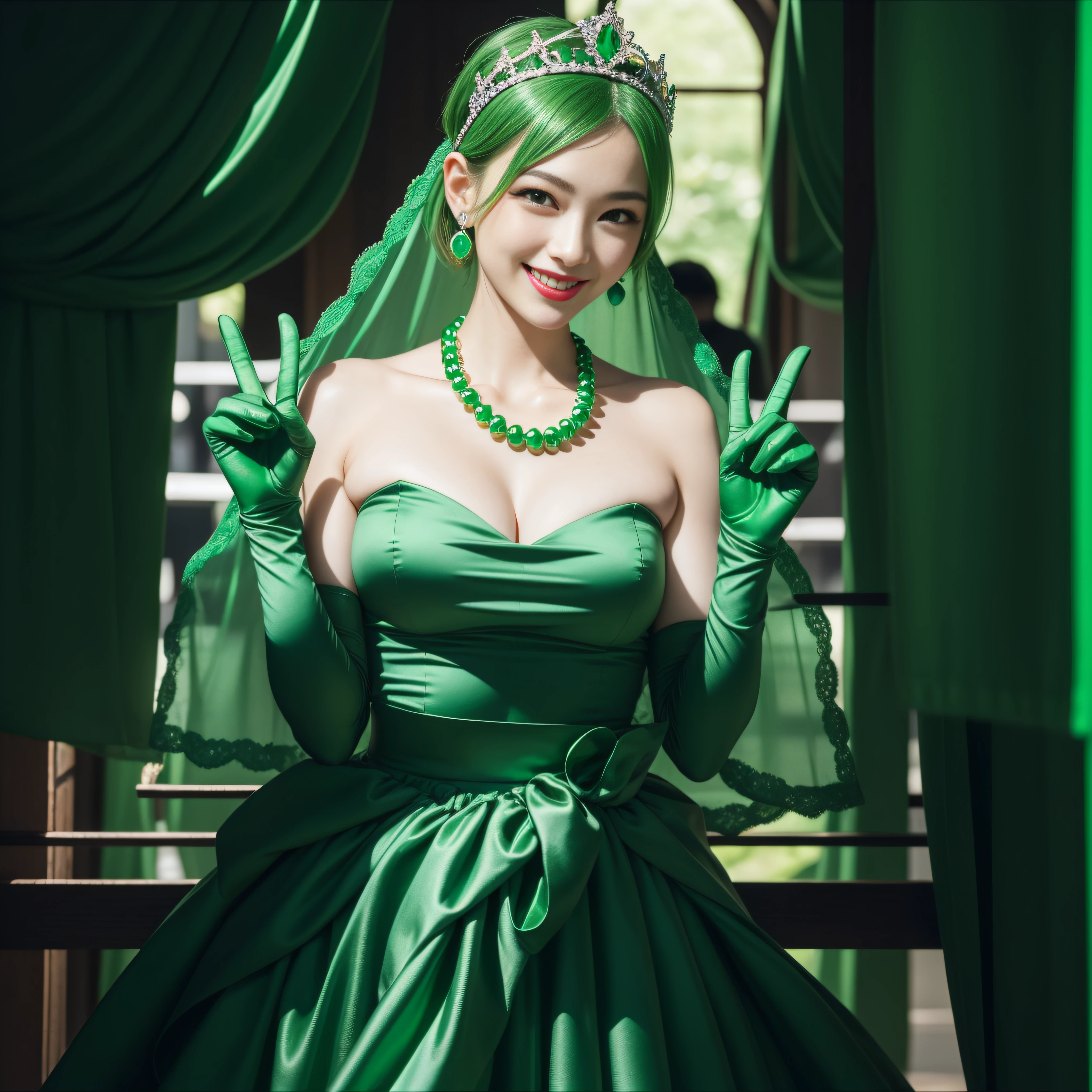 Emerald tiara, Green Pearl Necklace, Boyish very short green hair, lipstick, Smiling Japanese woman, Very short hair, Big tits beautiful, Green Eyes, Long green satin gloves, Green Eyes, emerald earrings, Green Veil, v sign