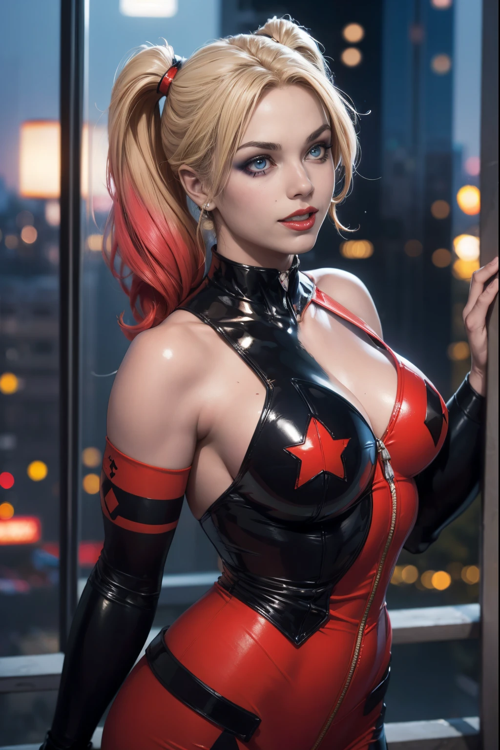 straight-on,upper-body,looking a viewer, BREAK, cartoony_Harley Quinn ,lipstick,blue eyes,makeup,lips,large breasts,鎖骨,red-lips,c,,Bodysuit,cleavage,,glittering,center opening, BREAK, official arts,extremely detailed CG unity 8k wallpaper, perfect lighting,Colorful, Bright_front_s face_illumination,sparkly skin, (Masterpiece:1.0),(Best_Quality:1.0), extra high resolution,4k,Ultra-detailed, photografic, 8K, HDR, hight resolution, (absurdress:1.2), Kodak Portra 400, Film grain, blurred background, (bokeh:1.2), lens flare, (Vibrants_Color:1.2),professional photo of a, (Beautiful_s face:1.5), Protruding Breasts, Torpedo Tits, city background at night, rooftop skyscraper, show skin, slutty