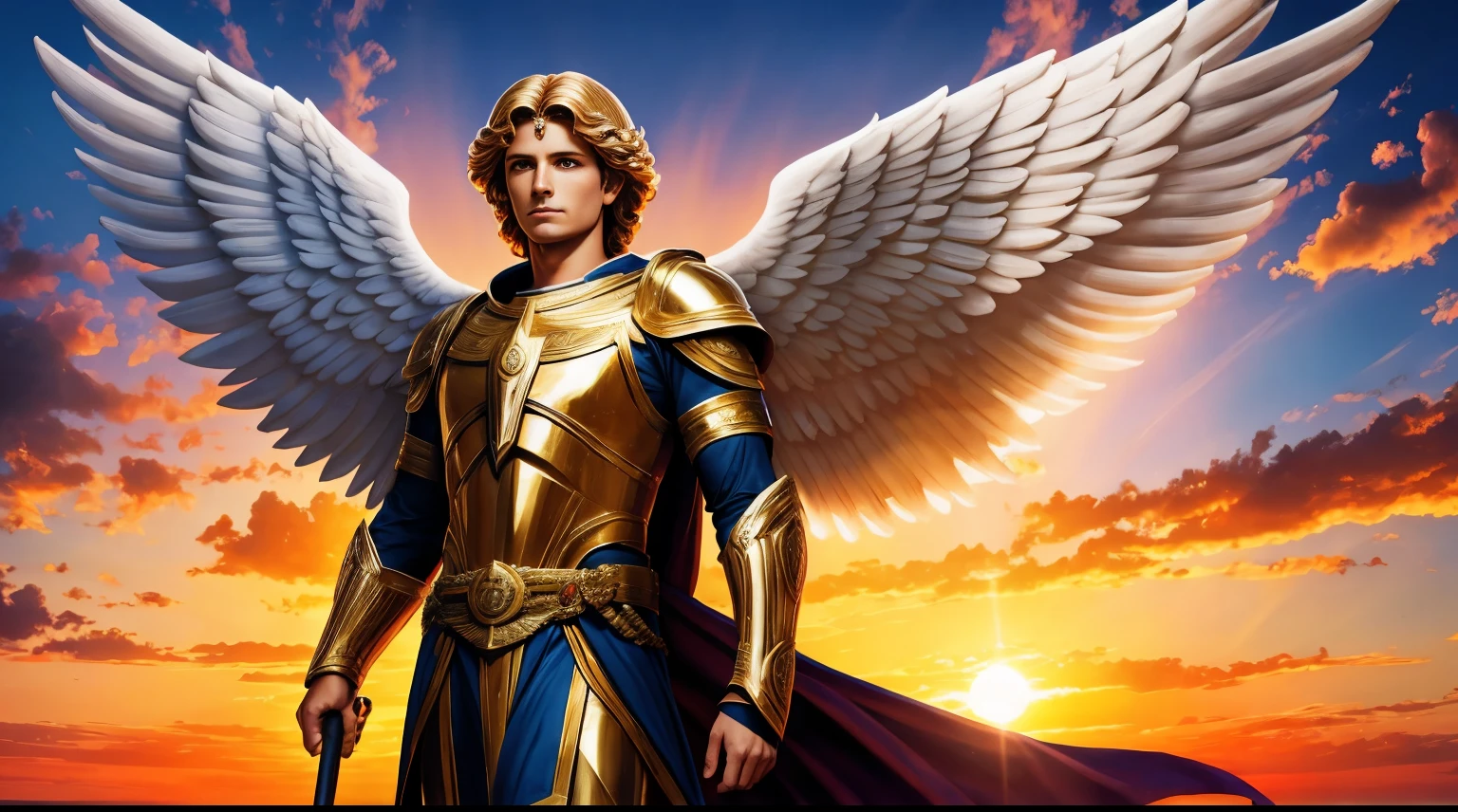 A portrait of Archangel Michael, full body, sky, clouds, sunset, sacred aura, cinematic, realistic light