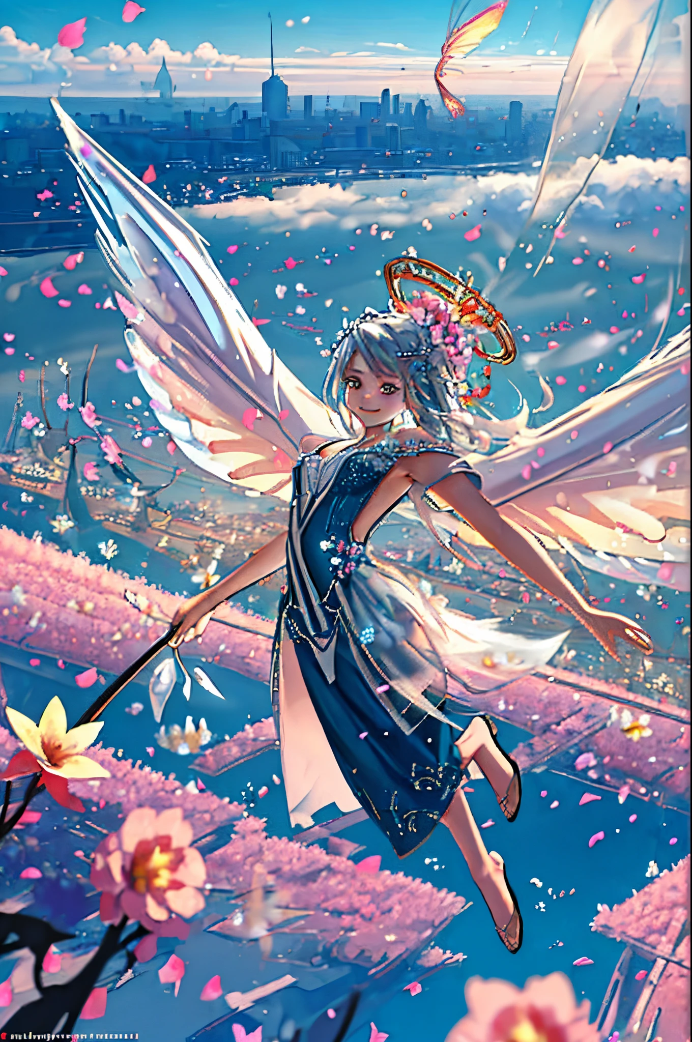 (masutepiece:1.3),(Best Quality:1.2),in 8K,absurderes,Unity, in 8K, wallpapper,(Extremely detailed:1.3),highest grade, 1girl in,Floating hair, floating,( Floating Long Dress:1.3),Jumping,See-through, (cloud:1.2),(Flying:1.2),Halo,(Wings:1.2),(flower:1.2),tussock,Sunlight, (Floating cloth:1.4),Water,(Dynamic:1.2),Splash,(Splashing:1.2), (Jumping fish:1.2), silber hair, concept-art, Ulutra HD、32K, Meteor swarm, Classy silver hairstyles, Fluttering petals,look up sky, City in the Sky, Holding a bouquet of flowers in your hands, Correct depiction of a five-fingered hand, Delicate smile, Highest Quality、masterpiece, Holding a bouquet of flowers in your hands, Beautifully detailed face and eyes、intricate-detail, 、a beauty girl、Beautiful glass hair ornament, The long-haired, wings grow from the back,