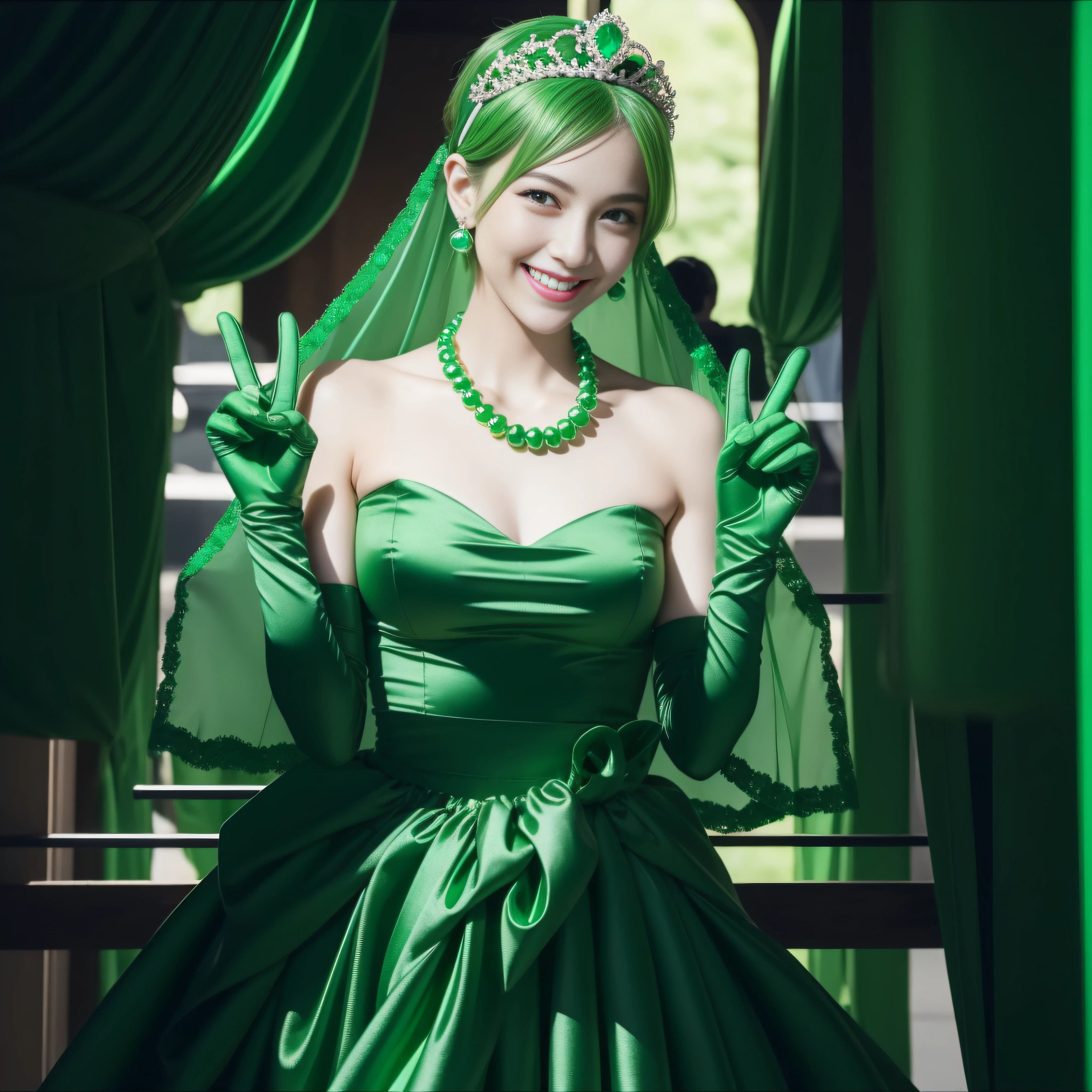 emerald tiara, Green Pearl Necklace, Boyish very short green hair, lipsticks, Japan woman smiling, very short short hair, big breasts beautiful, Green eyes, Long green gloves made of satin material, Green eyes, v sign,V-sign with both hands, Emerald Earrings