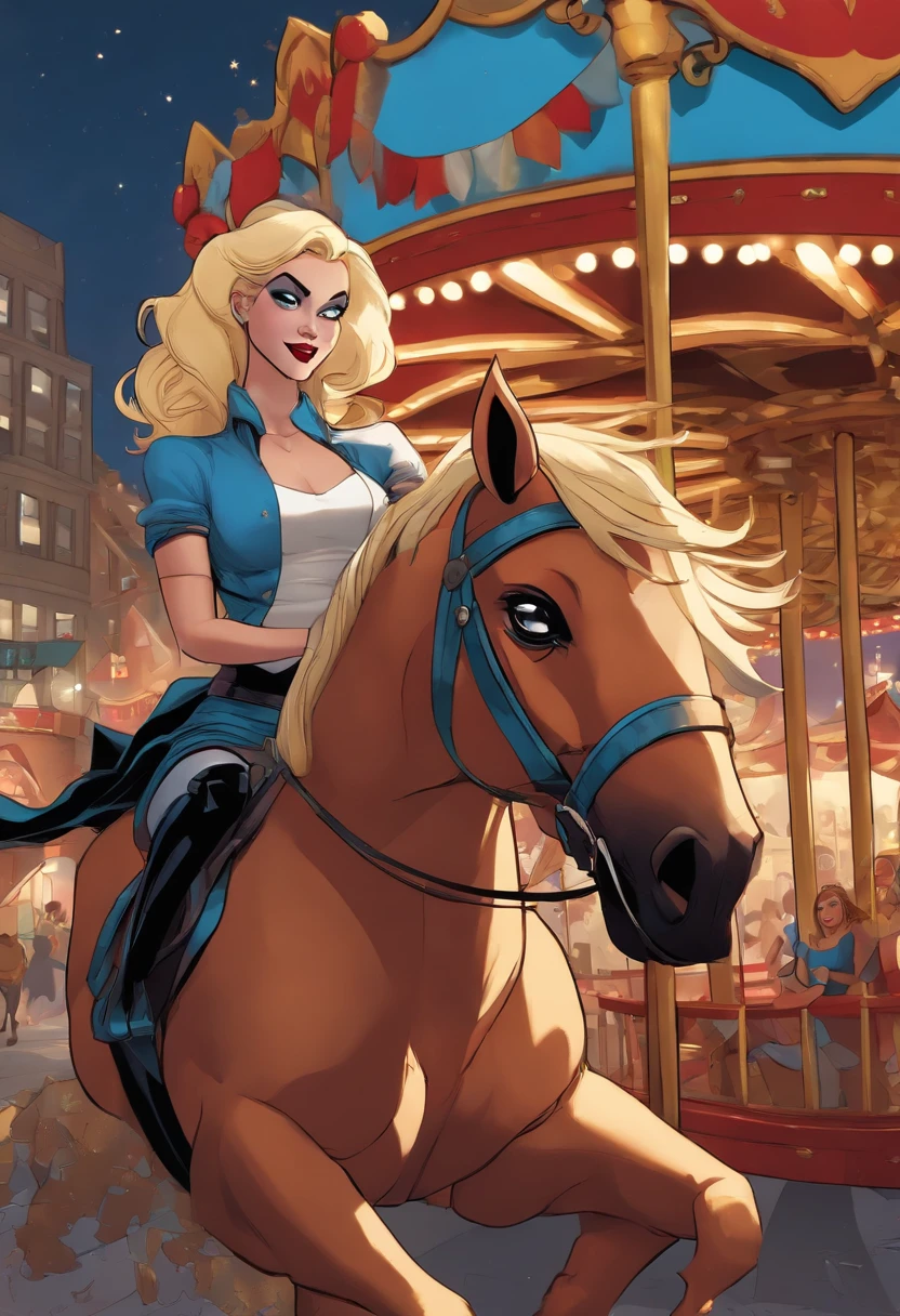 The image is of Harley Quinn riding a giant glittery carousel horse through the streets of Gotham City, with a mischievous grin on her face.,Batman: The Animated Series,[Appearance= "Blonde Hair in Pigtails", "Tight Tank Top and Spandex Shorts", "Pale Complexion", "Vibrant Blue Eyes"]