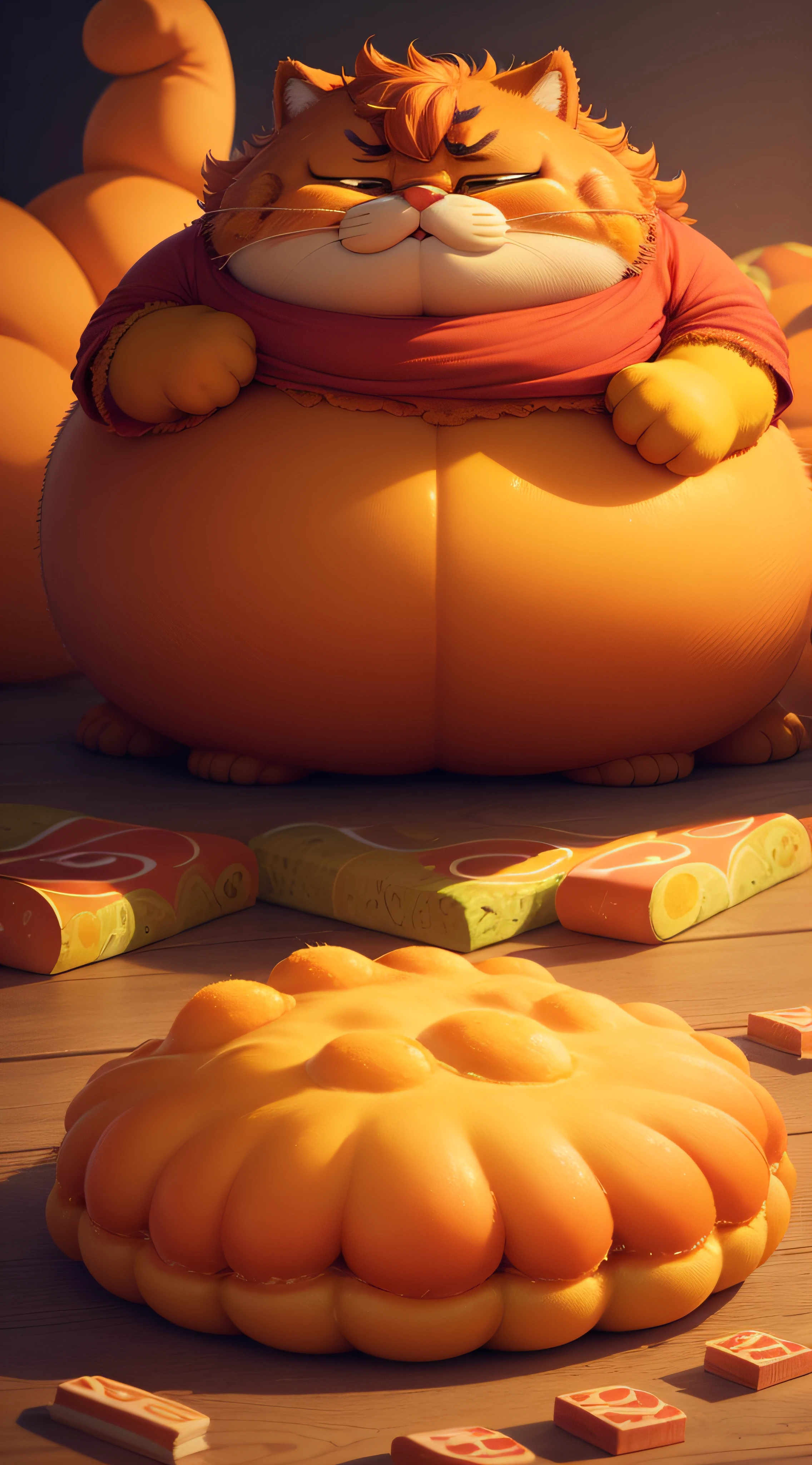 best quality, ultra-detailed: portrait of Garfield ( lazy, fat, greedy, selfish, who loves food and loves to sleep. colorful.