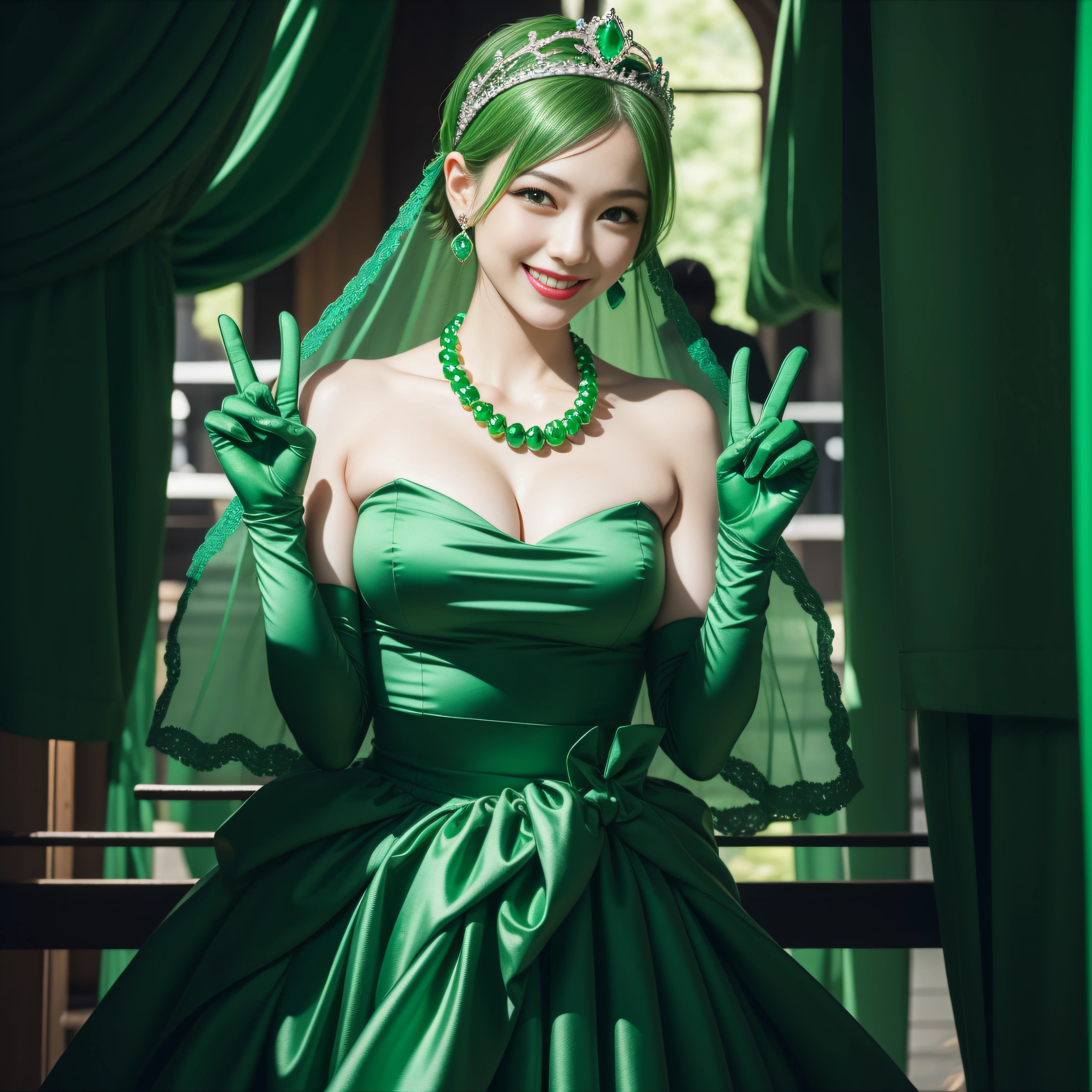 emerald tiara, Green Pearl Necklace, Boyish very short green hair, lipsticks, Japan woman smiling, very short short hair, big breasts beautiful, Green eyes, Long green gloves made of satin material, Green eyes