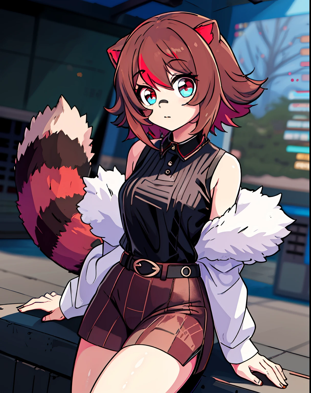 Masterpiece, intricate, anime style, full body, 1girl, rakkun, tanuki ears, red inner ears, red inner ear hair, 1tail, fluffy tail, racoon tail, brown and light brown ringed tail, beautiful eyes, detailed eyes, red and blue eyes blurred, short hair, red inner hair, brown hair, a strand of hair on the left side, red hair strips, short black shirt uncovered on the shoulders and with a black mesh with black borders up to the collar, polo shirt, short black skitr whit dark red checkered, black belt around the waist, looking at viewer, detailed face, best quality, 4k,highres, professional art, professional drawing, professional lineart, outlined markers