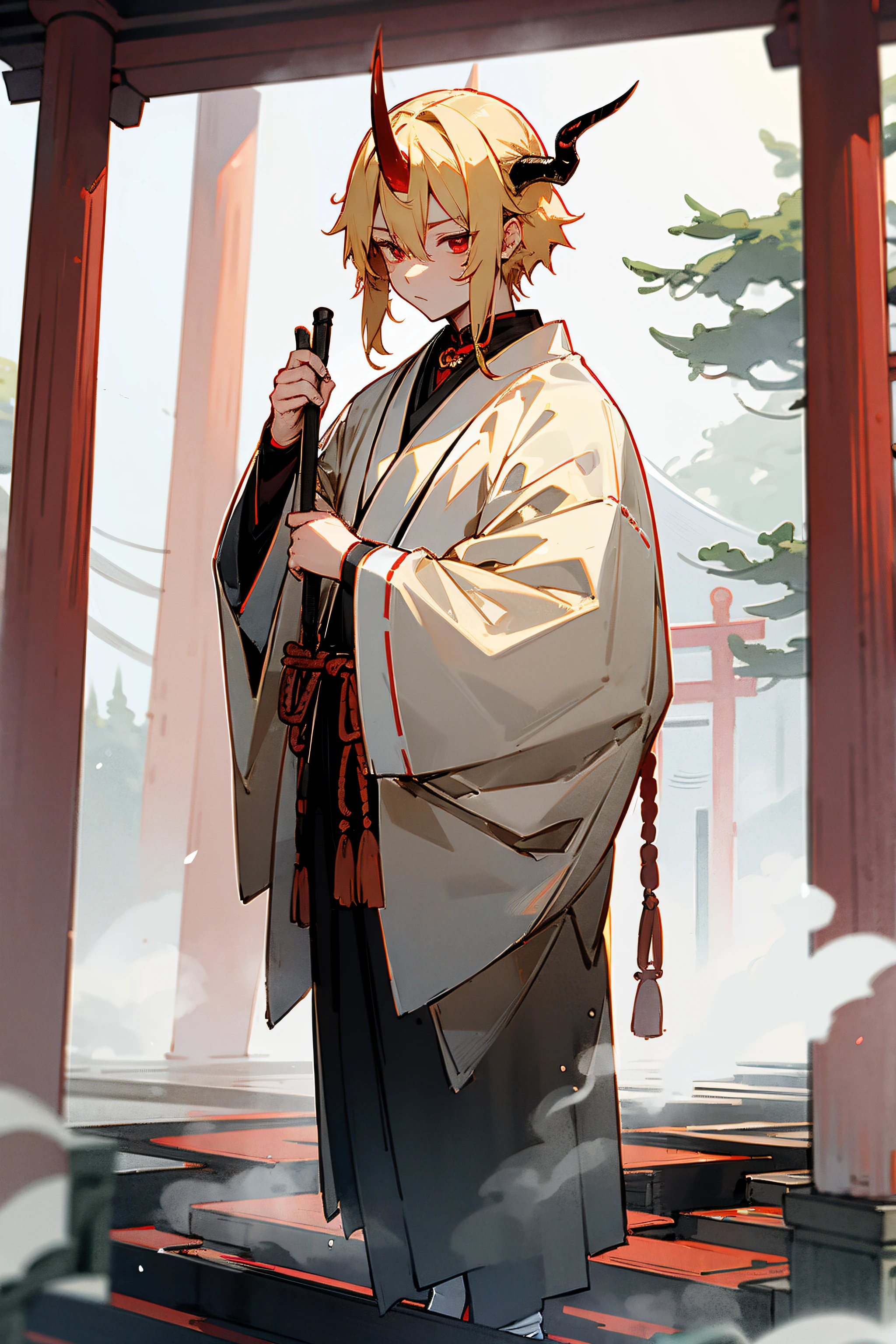 1male, demon horn, blonde hair, red eyes, black yukata, standing on path, shrine, mist