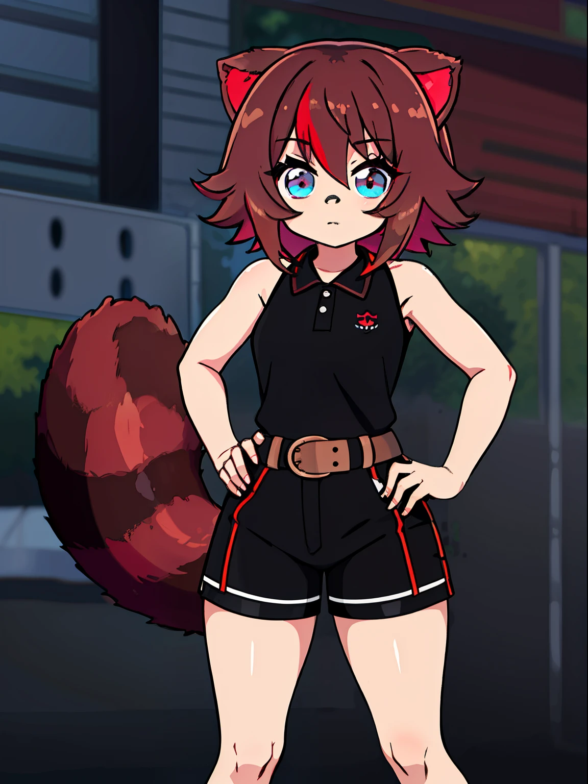 Masterpiece, intricate, anime style, full body, 1girl, rakkun, tanuki ears, red inner ears, red inner ear hair, 1tail, fluffy tail, racoon tail, brown and light brown ringed tail, beautiful eyes, detailed eyes, red and blue eyes blurred, short hair, red inner hair, brown hair, a strand of hair on the left side, red hair strips, short black shirt uncovered on the shoulders and with a black mesh with black borders up to the collar, polo shirt, short black skitr whit dark red checkered, black belt around the waist, looking at viewer, detailed face, best quality, 4k,highres, professional art, professional drawing, professional lineart, outlined markers