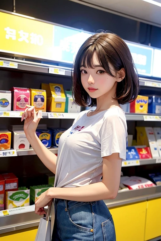 Prompt1: small and white skin、I'm drawing Hiromi, That hair just touches my shoulders, Shopping at convenience stores.。Her height is just over 150cm、Has a feminine body shape、Her breasts and buttocks are big and assertive..。tight waist、I'm wearing jeans pants and a short-sleeved T-shirt.。The expression is cute、She has a cute atmosphere rather than being beautiful..。This scene is、Expressing the reality of everyday life and the richness of detail、Canon EOS 5D Mark IV DSLR Camera、EF 50mm f/1.8 Using STM lenses、Resolution 30.4 megapixels、ISO sensitivity 32000、a shutter speed of 1/Taken in 8000 seconds。the light is natural and soft、The colors are bright and vivid。The inside of the convenience store is bright.、Make sure the product display is clearly visible。 --ar 16:9 - V5.1 - Style Raw - Q 2 - S 75