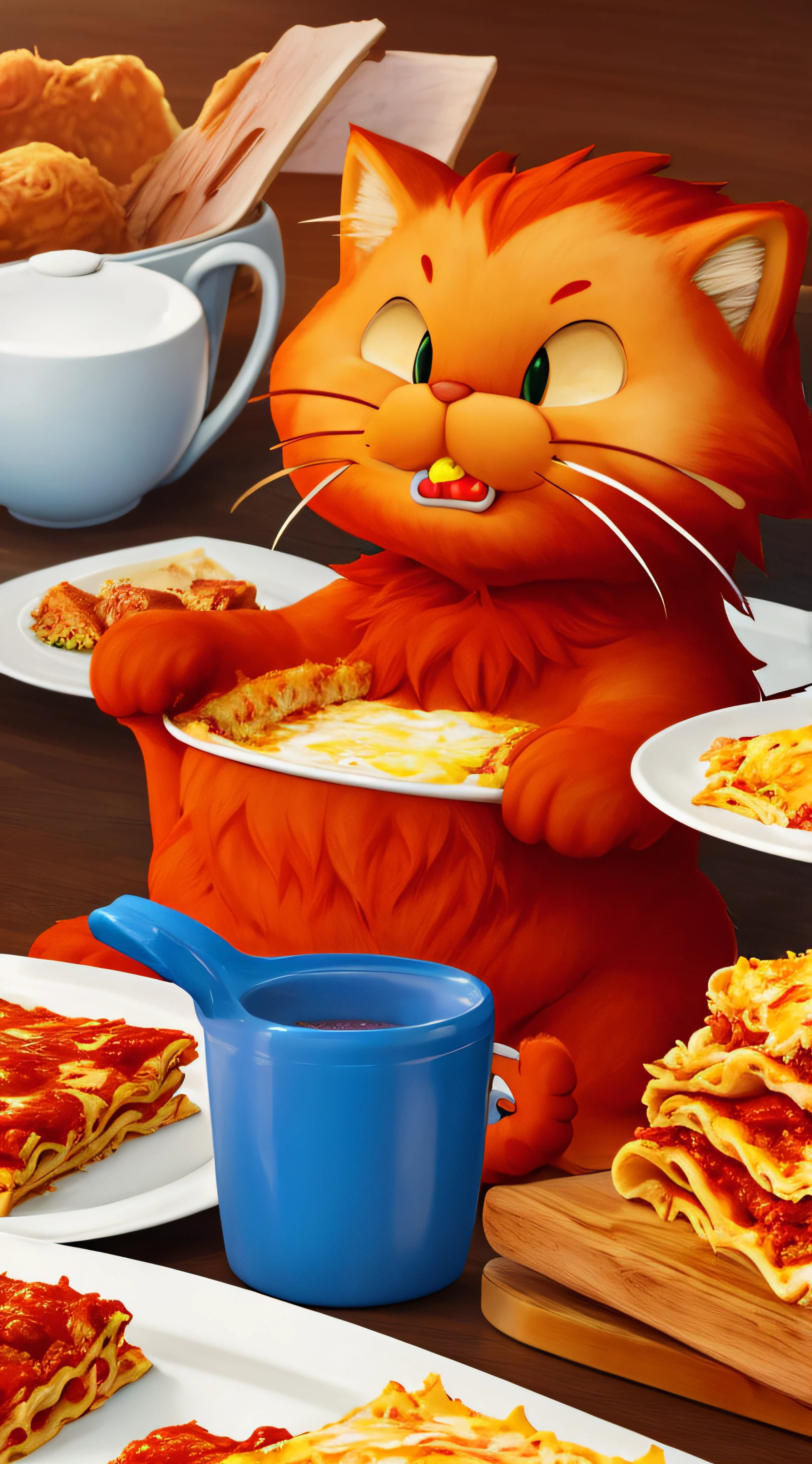 best quality, ultra-detailed : Garfield eating lasagna (red cat, lazy, fat, greedy, selfish).