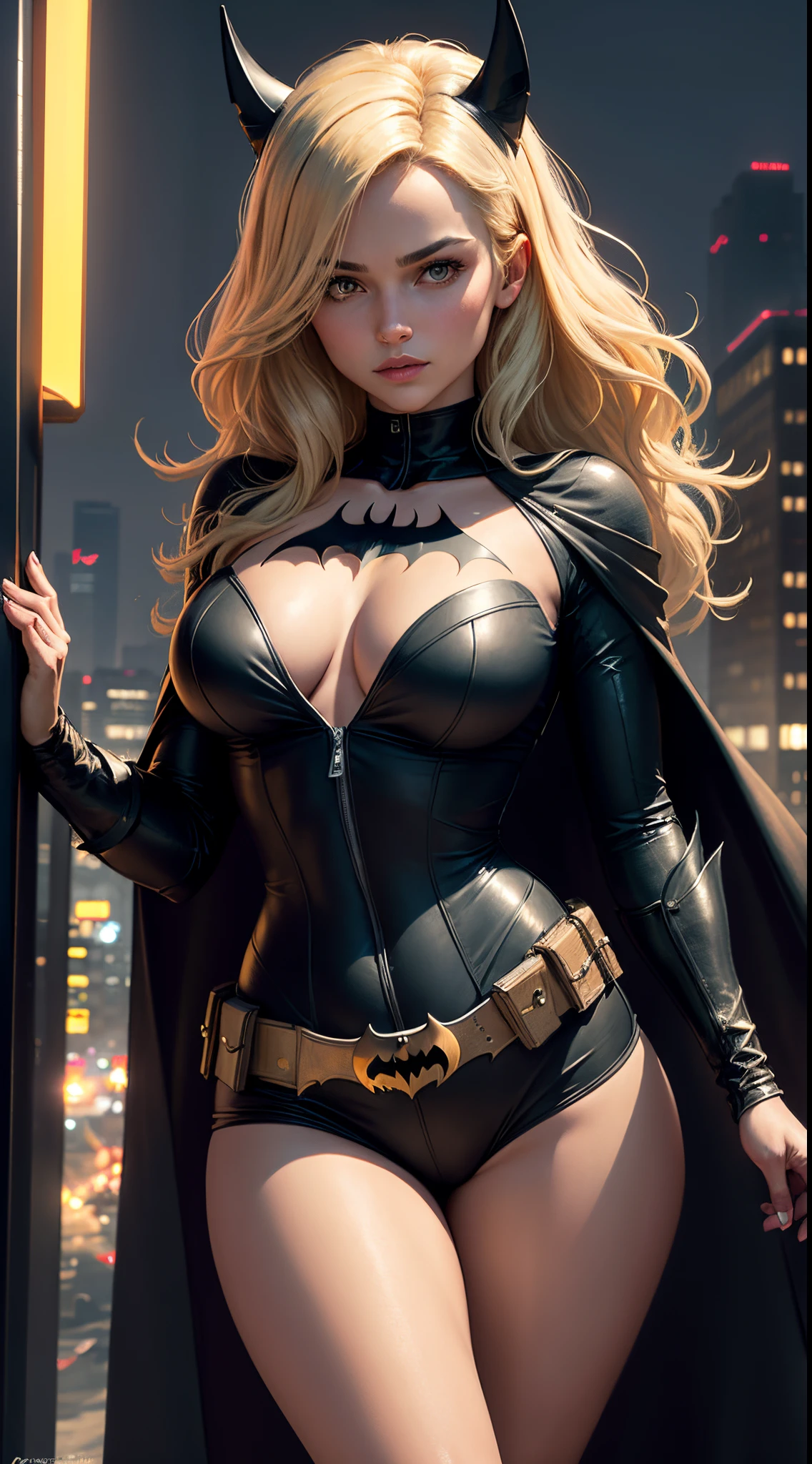 1girl, Full body, style of the Batwoman costume, medium breasts, Yellow Batman Logo on Chest and the belt, masterpiece, best quality, detailed skin texture, detailed cloth texture, beautiful detailed face, intricate details, ultra detailed, straight Blonde hair, dynamic pose, (Night Gotham city street Background), (Best quality, A high resolution, Photorealistic, primitive, 8K,Masterpiece, ),Best quality, Masterpiec8K.hdr. High ribs:1.2, filmgrain, Blur bokeh:1.2, Lens flare, (vivd colour:1.2), (Delicate),