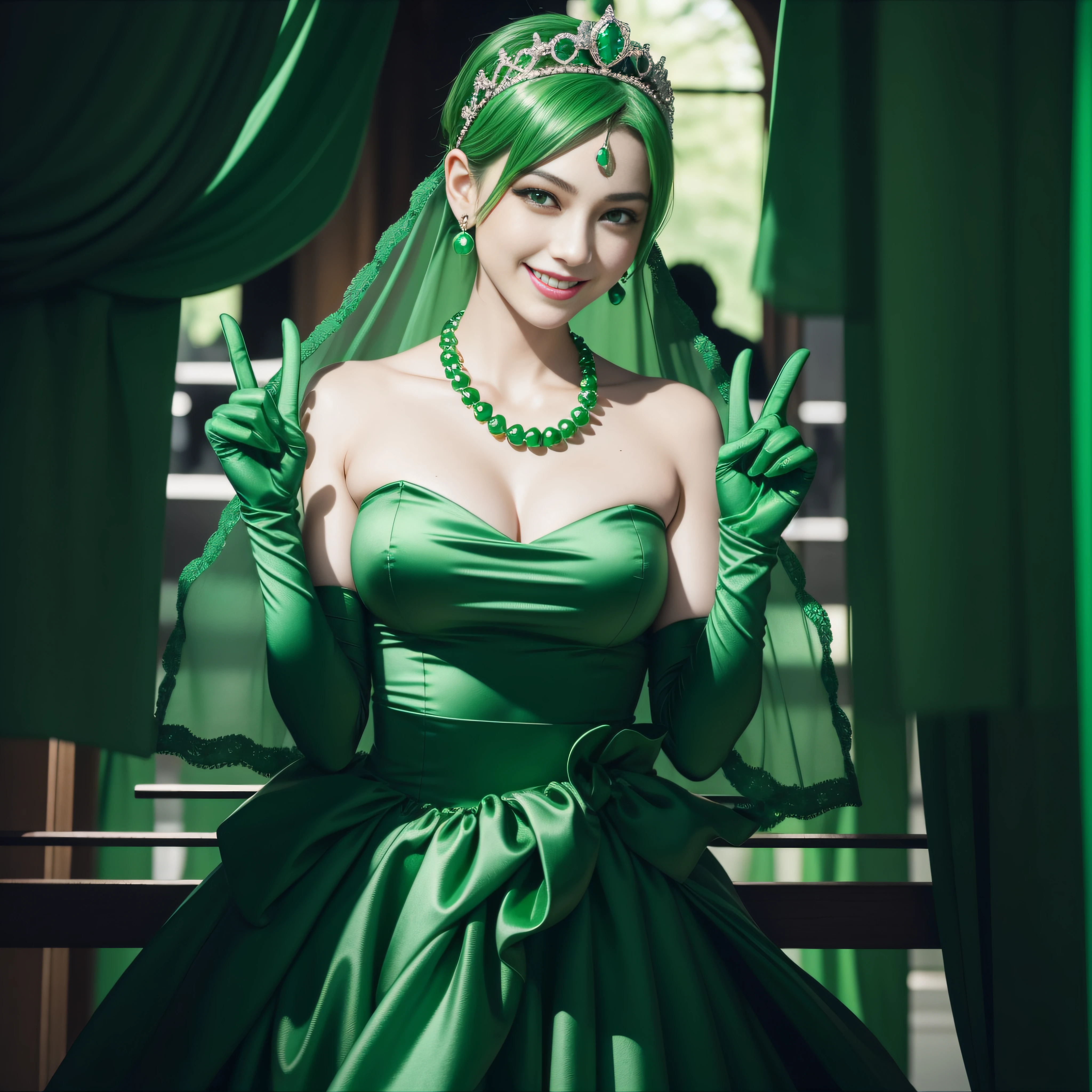 emerald tiara, Green Pearl Necklace, Boyish very short green hair, lipsticks, Japan woman smiling, very short short hair, big breasts beautiful, Green eyes, Long green gloves made of satin material, Green eyes, v sign,V-sign with both hands, Emerald Earrings