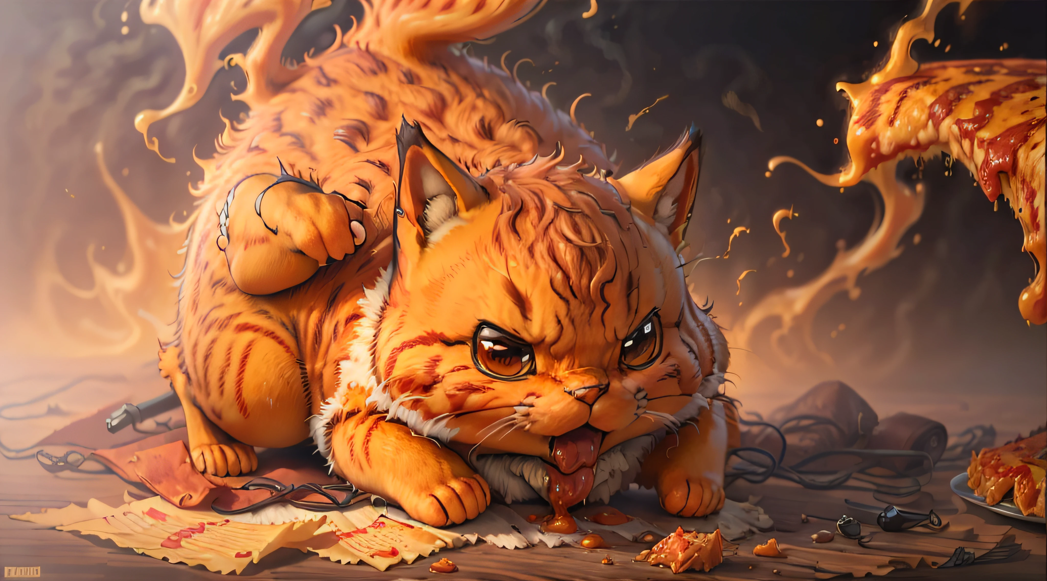 best quality, ultra-detailed : Garfield eating lasagna (red cat, lazy, fat, greedy, selfish).