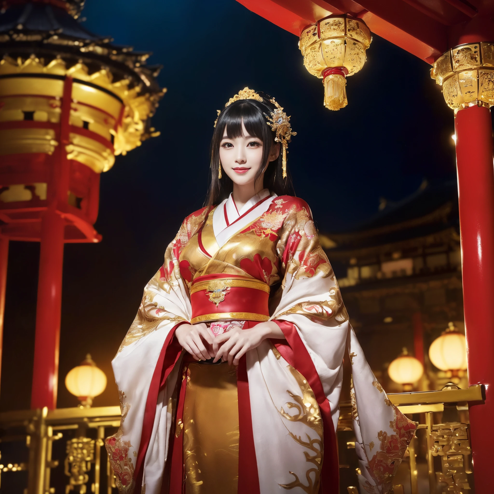 ((top-quality、masutepiece、8K、Top image quality、Very complex and detailed details、1 photo、luxurious and vivid))、((One Princess、Otohime 1 person、She wears a gorgeous courtesan costume、Luxurious furisode、She wears gorgeous Oiran clothes、she is wearing a gorgeous hairpin、Luxurious hair ornaments、Exterior view of a castle in the deep sea、Exterior of an underwater castle、I'm in a castle under the sea、Her upper body、Take a photo of her from the waist up)、((The background is Ryugu Castle, It is a very intricate and detailed Japanese castle、Beautiful Niwa-lacquered castle pillars、Luxury Japanese castle exterior、Niwa lacquered castle exterior、luxury tile roof、Gold decoration of Niwa-nuri Castle、A gorgeous red and gold Japanese castle in the sea、The exterior of the Niwa-lacquered castle emits a red glow、Exterior view of a Japanese castle in the sea、Exterior view of Ryugu Castle in the sea、A princess stands at the entrance to Ryugu Castle in the sea..)))、(View me、Big smile、Look at viewers、photo of her upper body、Complete reproduction of the Niwa-lacquered castle on the ocean floor、Perfectly depict detailed and complex underwater scenes)
