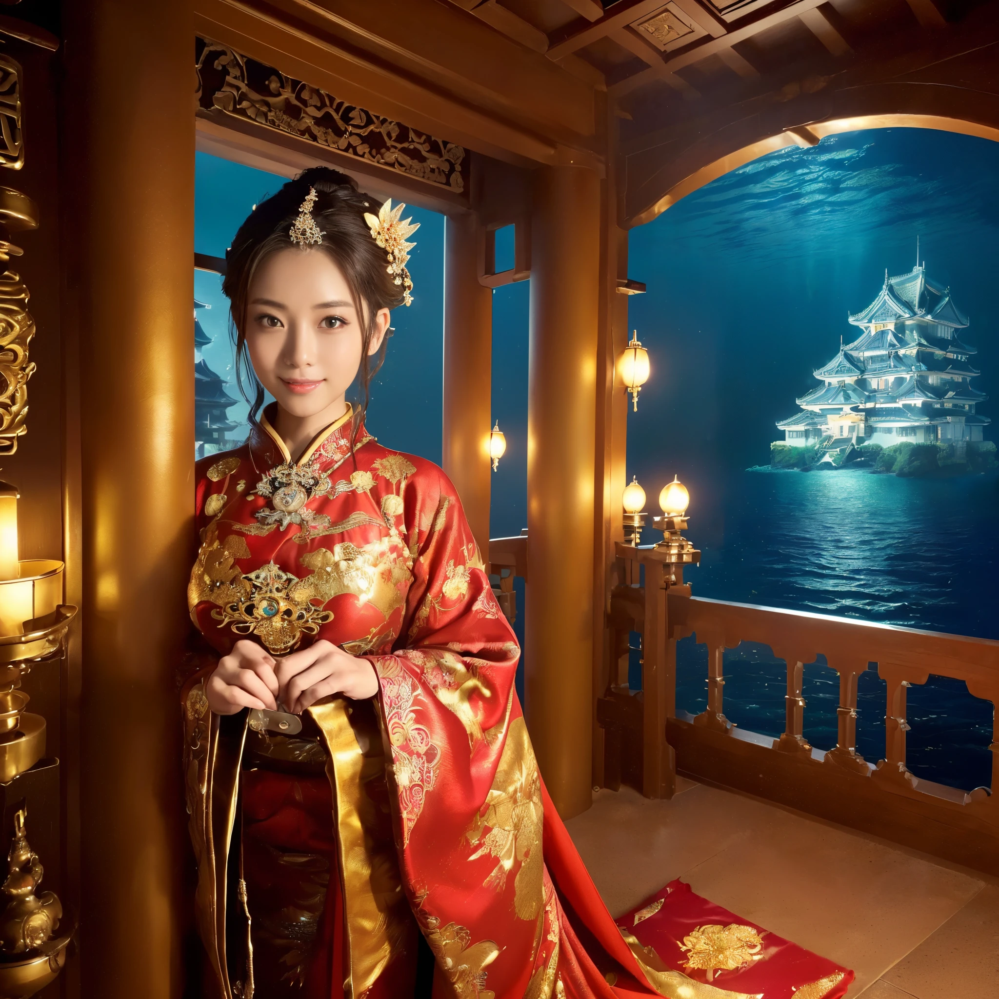 ((top-quality、masutepiece、8K、Top image quality、Very complex and detailed details、1 photo、luxurious and vivid))、((One Princess、Otohime 1 person、She wears a gorgeous courtesan costume、Luxurious furisode、She wears gorgeous Oiran clothes、she is wearing a gorgeous hairpin、Luxurious hair ornaments、Exterior view of a castle in the deep sea、Exterior of an underwater castle、I&#39;m in a castle under the sea、Her upper body、Take a photo of her from the waist up)、((The background is Ryugu Castle, It is a very intricate and detailed Japanese castle、Beautiful Niwa-lacquered castle pillars、Luxury Japanese castle exterior、Niwa lacquered castle exterior、luxury tile roof、Gold decoration of Niwa-nuri Castle、A gorgeous red and gold Japanese castle in the sea、The exterior of the Niwa-lacquered castle emits a red glow、Exterior view of a Japanese castle in the sea、Exterior view of Ryugu Castle in the sea、A princess stands at the entrance to Ryugu Castle in the sea..)))、(View me、Big smile、Look at viewers、photo of her upper body、Complete reproduction of the Niwa-lacquered castle on the ocean floor、Perfectly depict detailed and complex underwater scenes)