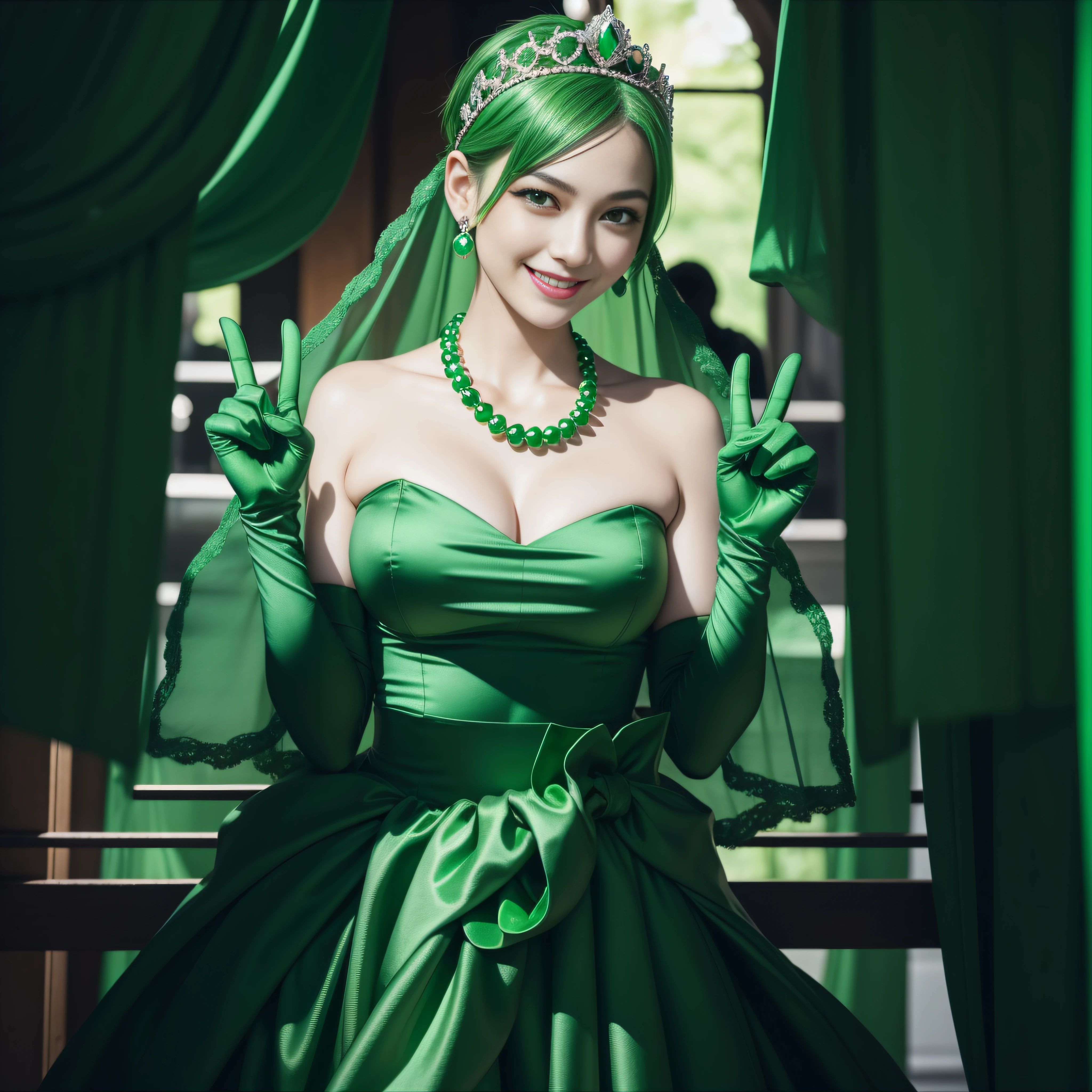 emerald tiara, Green Pearl Necklace, Boyish very short green hair, lipsticks, Japan woman smiling, very short short hair, big breasts beautiful, Green eyes, Long green gloves made of satin material, Green eyes, v sign,V-sign with both hands, Emerald Earrings