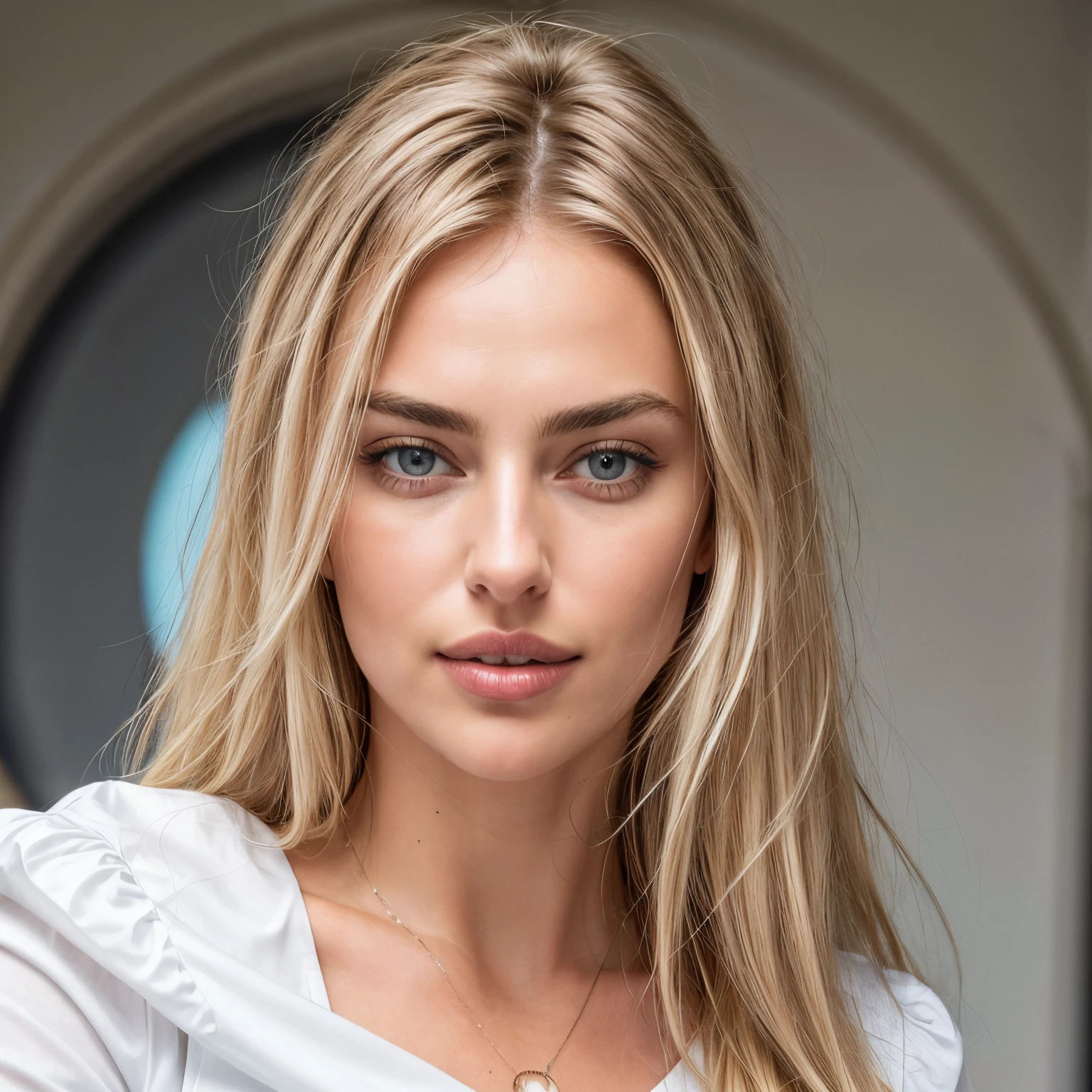 blonde Frau (Irina Shayk) with blue eyes and white shirt in a circle, Perfektes Gesichtsmodell, round circular face, beautiful round face, blonde haare blaue augen, Genaues, detailliertes Gesicht, blonde and attractive features, attractive beautiful face, rundes Format, blonde Haare und blaue Augen, blonde haare blaue augen, Detailliertes perfektes Gesicht, rundes Gesicht, attraktives weibliches Gesicht, Professionelles Profilbild, more voluptuous, more seducing, erotischer Gesichtsausdruck, Verlangen nach Sex, geil, fuck, ficken, ekstase, peak, Orgasmus