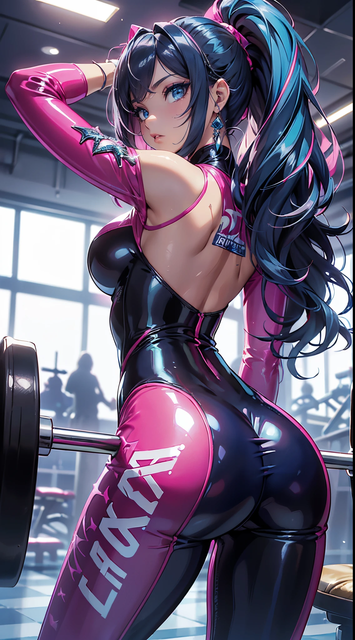 rear view, backside view,mejor calidad，tmasterpiece，ultimate resolution，Suave，extremadamente colorido，De color，Princesa sirena，(fucsia latex bodysuit:1.4)，Medias de tirantes negras，Starrysky Android!,More detailed 8K.motor irreal:1.4,UHD,La mejor calidad:1.4, fotorrealista:1.4, textura de la piel:1.4, obra maestra:1.8,obra-prima, mejor calidad,objeto Objeto], (detailed face features:1.3),(dentro de un gimnasio azul:1.4),(cabello rosado largo:1.4),（Beautiful and detailed eye description）,(manos detailed:1.4), (white ropa deportiva:1.4), Ultra-detallado,