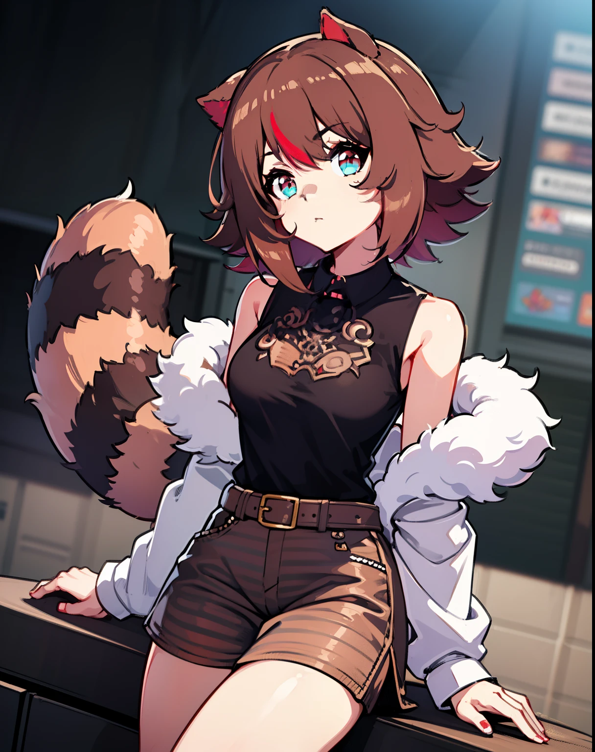 Masterpiece, intricate, anime style, full body, 1girl, rakkun, tanuki ears, red inner ears, red inner ear hair, 1tail, fluffy tail, racoon tail, brown and light brown ringed tail, beautiful eyes, detailed eyes, red and blue eyes blurred, short hair, red inner hair, brown hair, a strand of hair on the left side, red hair strips, short black shirt uncovered on the shoulders and with a black mesh with black borders up to the collar, polo shirt, short black skitr whit dark red checkered, black belt around the waist, looking at viewer