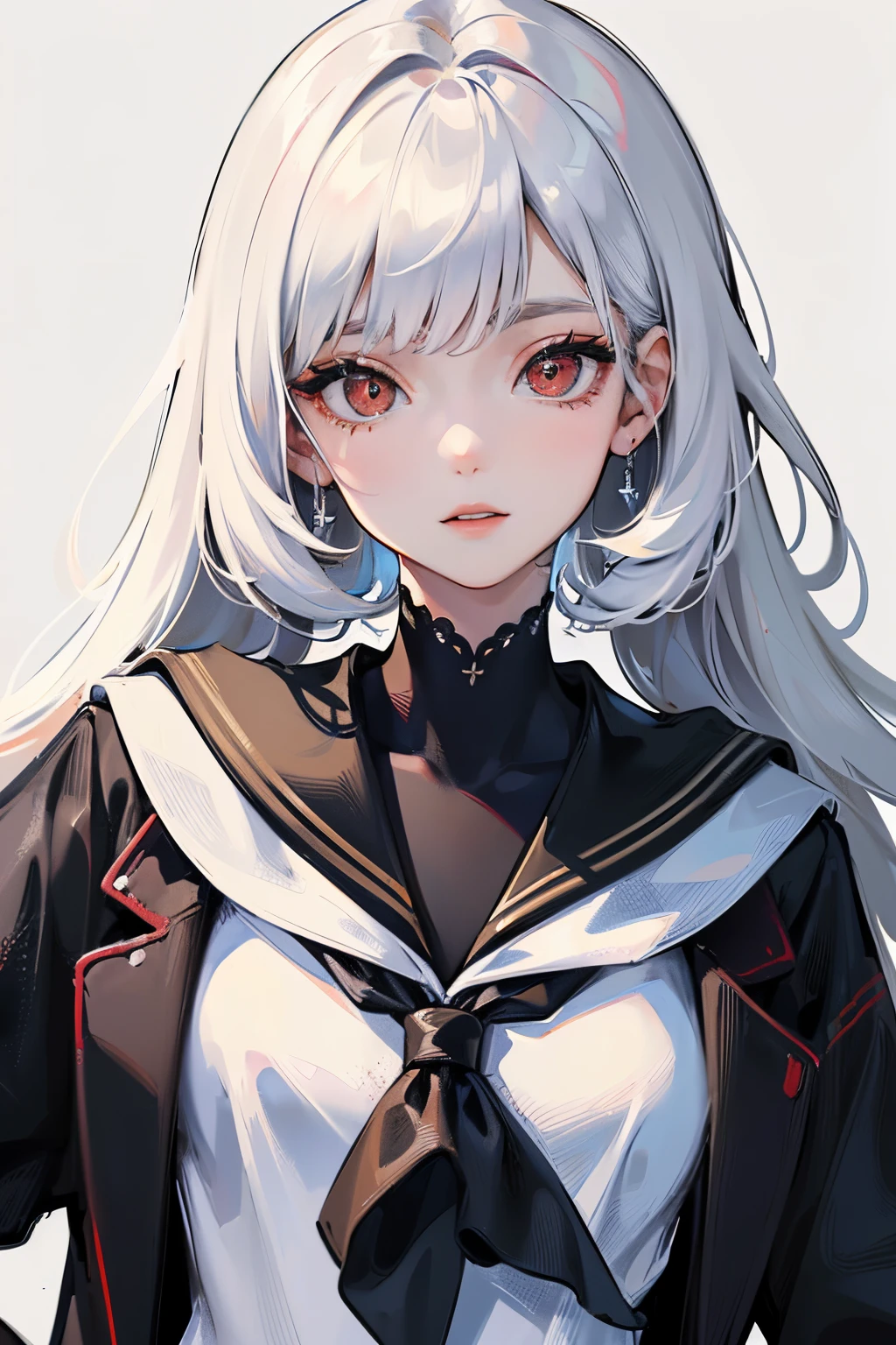((tmasterpiece)),(best qualtiy),The upper part of the body,(ultra intricately detailed),(Highest Definition),(8K),(Clean lines),(Perfect facial features),(offcial art),1little girl,matchless beauty,neat and clean clothes,Black sailor suit,White Bob,white hair,Red Eye