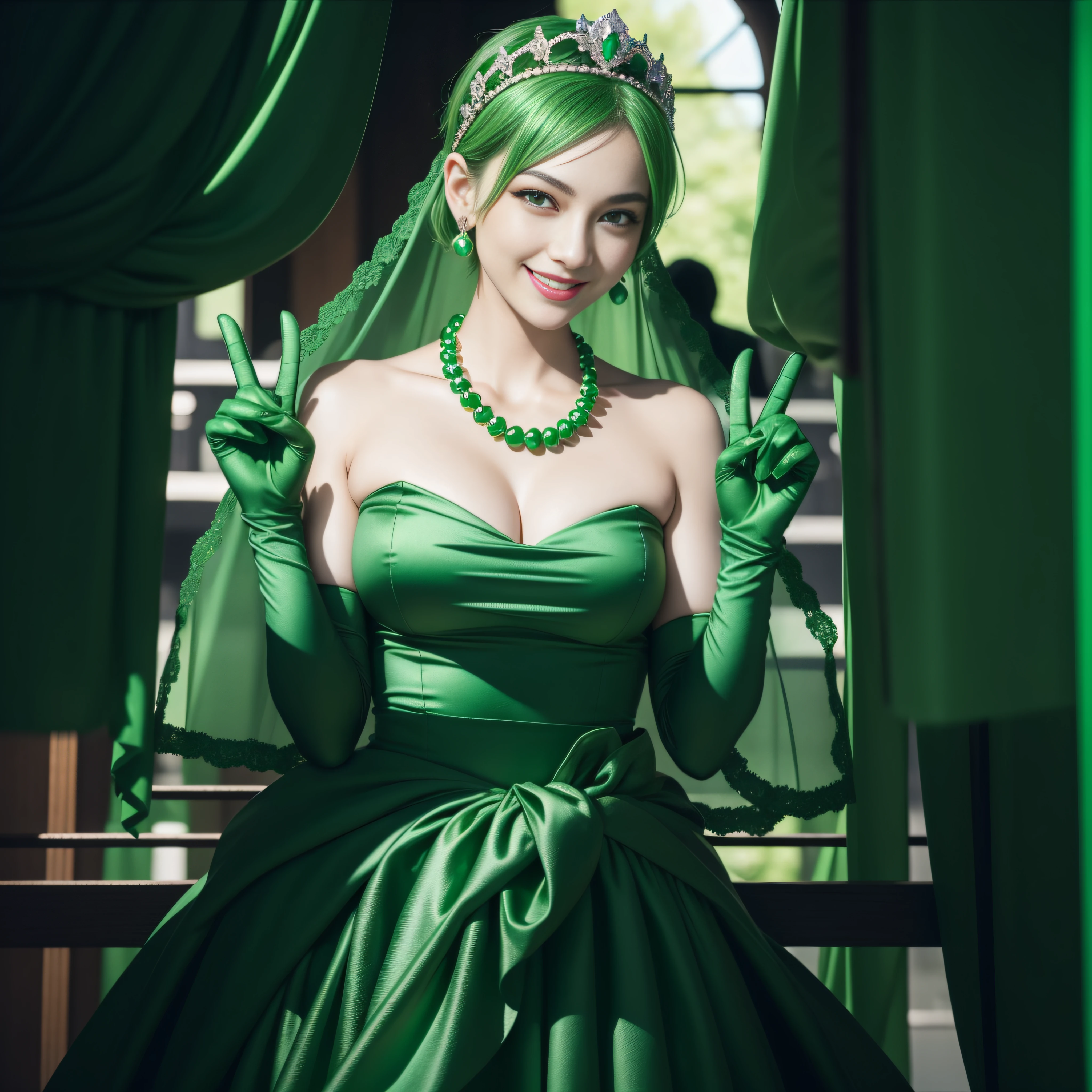 emerald tiara, Green Pearl Necklace, Boyish very short green hair, lipsticks, Japan woman smiling, very short short hair, big breasts beautiful, Green eyes, Long green gloves made of satin material, Green eyes, v sign,V-sign with both hands, Emerald Earrings