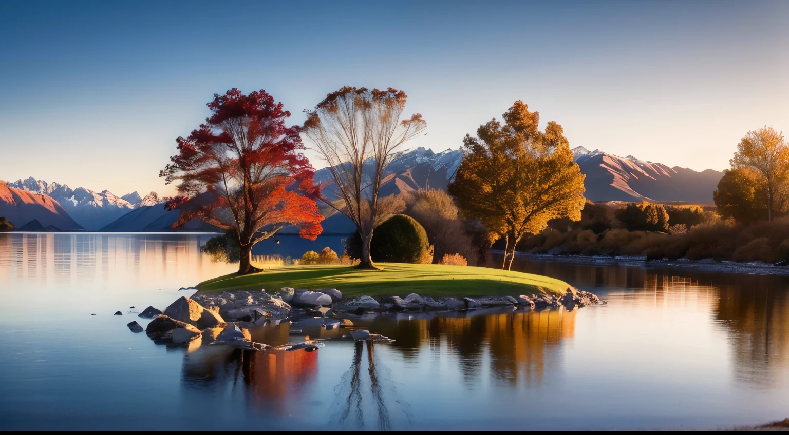 Remarkable landscape of colorful autumn Wanaka Tree reflection on Wanaka Lake with sunrise in the fresh morning, most popular photographed tree in Wanaka, autumn season in South New Zealand.