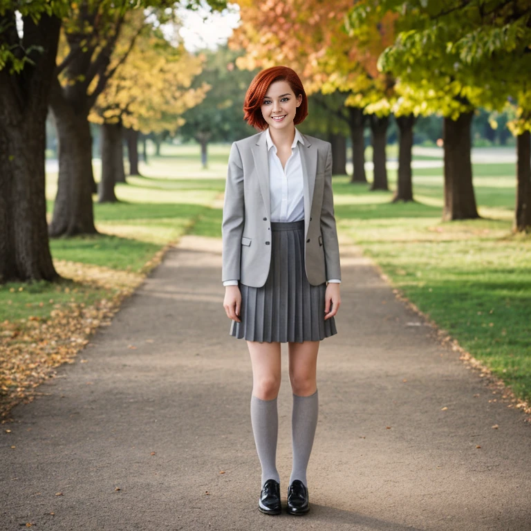 realistic photograph, beautiful woman, 20 year old woman, solo, french woman, pale skin, short red hair, shoulder length hair, grey eyes, friendly smile, white button up shirt with blazer, formal skirt, long socks, formal shoes, standing in front of historical college