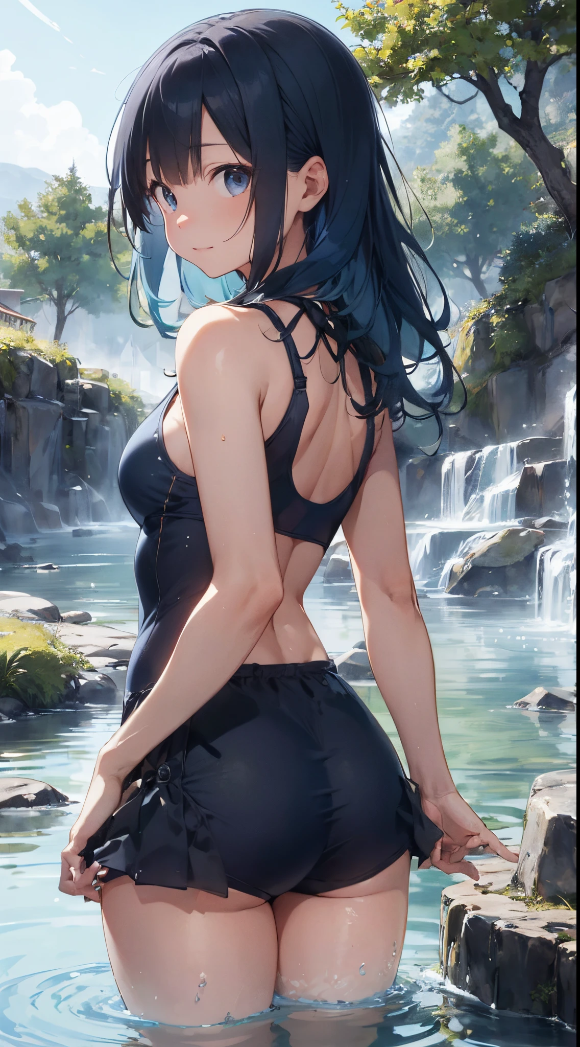 (8k, masterpiece, Best Quality, ultra-detailed, Professional lighting, beautiful detailed faces, bright colors) beatiful chubby mature woman, naked, long green hair tied in a braid, happy smile mouth open, wearing glasses oppai, oppai proportions, golden eyes, whole body visible, outdoor near a lake, breats exposed, bent over exposing ass near tree, from behind, looking back at viewer