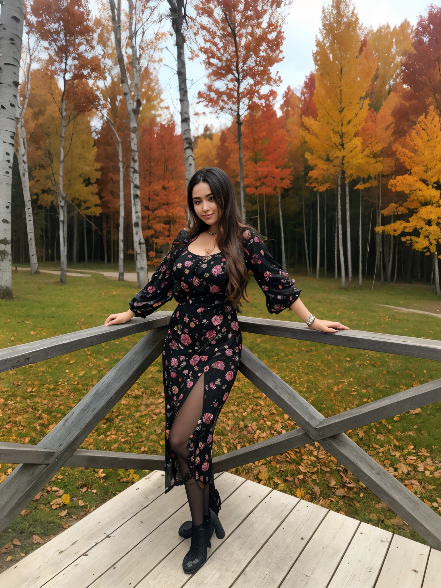 Arafah woman in black dress posing on wooden deck, in front of a forest background, against the backdrop of trees, in the autumn, in the autumn forest, in the autumn, autumn season, Sitting in a colorful forest, ekaterina, in the autumn, vacation photo, in the autumn, In the Rose Forest, anna nikonova aka newmilky, detailed photo, Realistic background