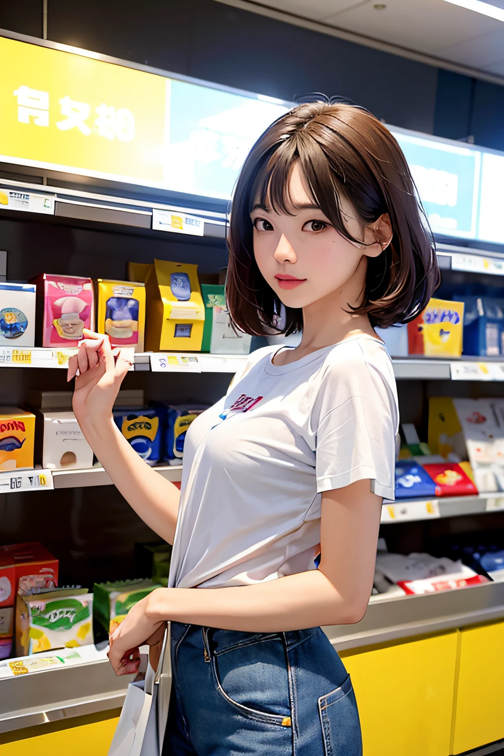 Prompt1: small and white skin、I&#39;m drawing Hiromi, That hair just touches my shoulders, Shopping at convenience stores.。Her height is just over 150cm、Has a feminine body shape、Her breasts and buttocks are big and assertive..。tight waist、I&#39;m wearing jeans pants and a short-sleeved T-shirt.。The expression is cute、She has a cute atmosphere rather than being beautiful..。This scene is、Expressing the reality of everyday life and the richness of detail、Canon EOS 5D Mark IV DSLR Camera、EF 50mm f/1.8 Using STM lenses、Resolution 30.4 megapixels、ISO sensitivity 32000、a shutter speed of 1/Taken in 8000 seconds。the light is natural and soft、The colors are bright and vivid。The inside of the convenience store is bright.、Make sure the product display is clearly visible。 --ar 16:9 - V5.1 - Style Raw - Q 2 - S 75