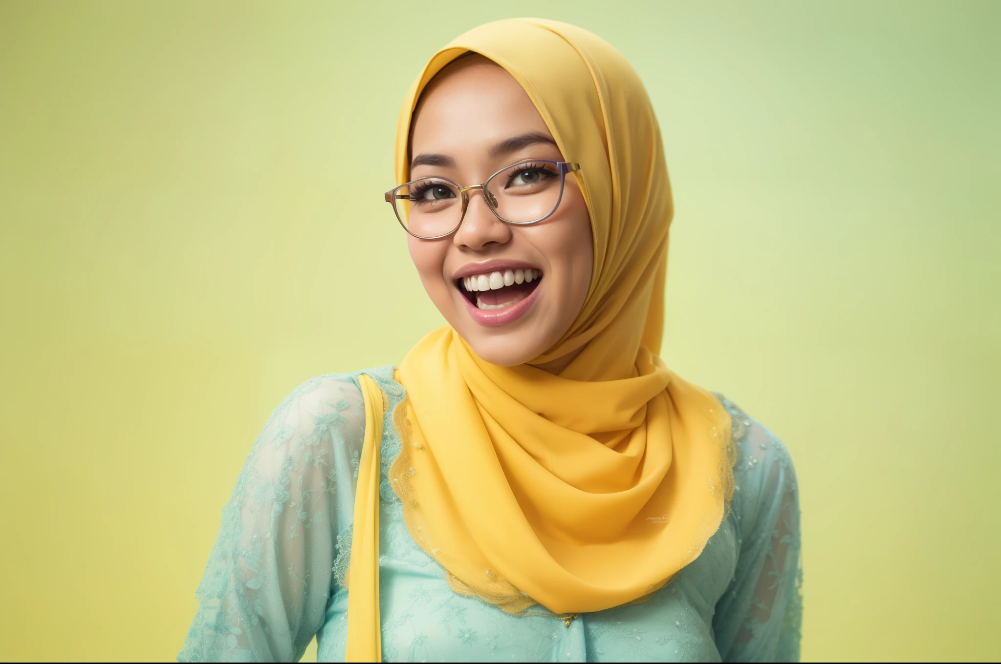 Sexy Malay woman in a light blue baju kurung in front of a yellow background, laughing, dimple, glasses, hijab, mira filzah, full portrait, on a yellow canva, full portrait shot, photo of young malay woman, photo of a woman, potrait, in yellow background, extreme close up shot, ultra detail, pastel color grading,