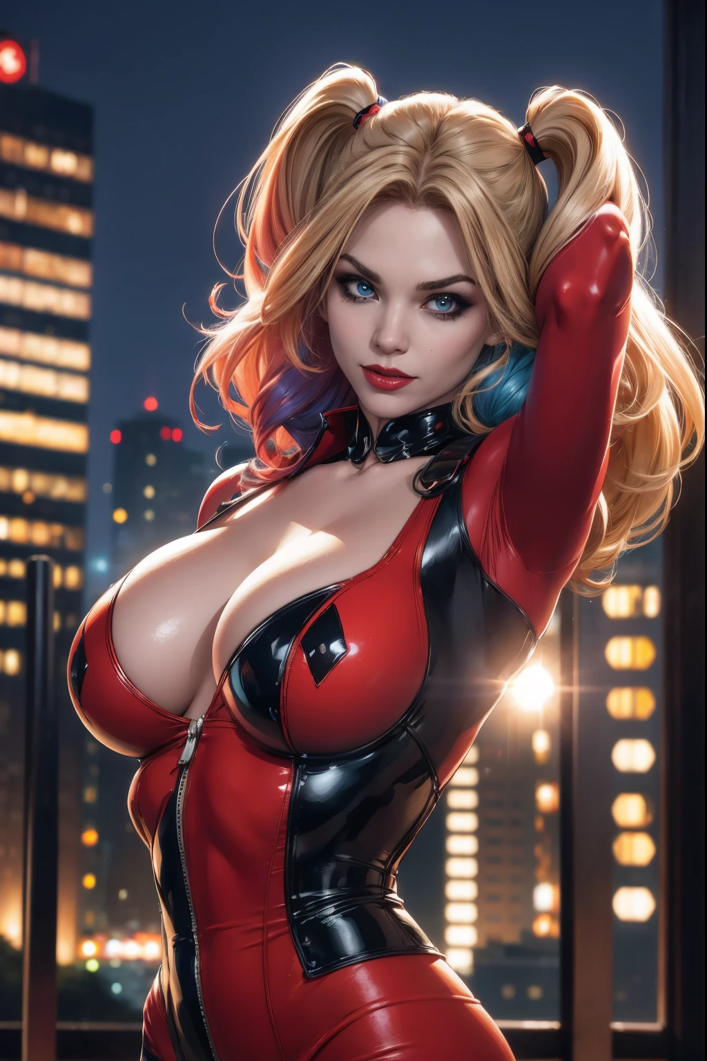 straight-on,upper-body,looking a viewer, BREAK, cartoony_Harley Quinn ,lipstick,blue eyes,makeup,lips,large breasts,鎖骨,red-lips,c,,Bodysuit,cleavage,,glittering,center opening, BREAK, official arts,extremely detailed CG unity 8k wallpaper, perfect lighting,Colorful, Bright_front_s face_illumination,sparkly skin, (Masterpiece:1.0),(Best_Quality:1.0), extra high resolution,4k,Ultra-detailed, photografic, 8K, HDR, hight resolution, (absurdress:1.2), Kodak Portra 400, Film grain, blurred background, (bokeh:1.2), lens flare, (Vibrants_Color:1.2),professional photo of a, (Beautiful_s face:1.5), Protruding Breasts, Torpedo Tits, city background at night, rooftop skyscraper, show skin, slutty, naughty, mischievious, crazy