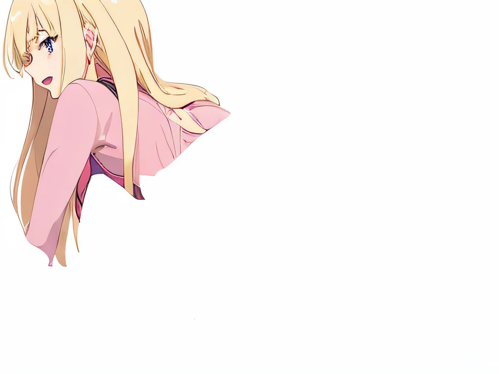 Anime girl with long blonde hair and pink dress, White background : 3, holding a pudica pose, cell shaded adult animation, ;Open mouth, hands behind her body pose!, sideboob barbosa, sexy pudica pose gesture, the anime girl is crouching, without text, anime pose, Armpit