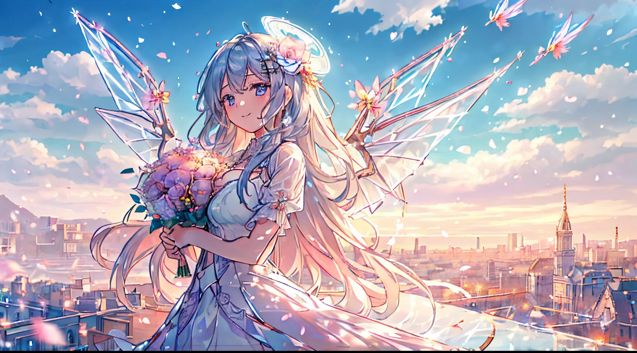 (masutepiece:1.3),(Best Quality:1.2),in 8K,absurderes,Unity, in 8K, wallpapper,(Extremely detailed:1.3),highest grade, 1girl in,Floating hair, floating,( Floating Long Dress:1.3),Jumping,See-through, (cloud:1.2),(Flying:1.2),Halo,(Wings:1.2),(flower:1.2),tussock,Sunlight, (Floating cloth:1.4),Water,(Dynamic:1.2),Splash,(Splashing:1.2), (Jumping fish:1.2), silber hair, concept-art, Ulutra HD、32K, Meteor swarm, Classy silver hairstyles, Fluttering petals,look up sky, City in the Sky, Holding a bouquet of flowers in your hands, realistic drawing hand, Delicate smile, Highest Quality、masterpiece, Holding a bouquet of flowers in your hands, Beautifully detailed face and eyes、intricate-detail, 、a beauty girl、Beautiful glass hair ornament, The long-haired, wings grow from the back,concept-art