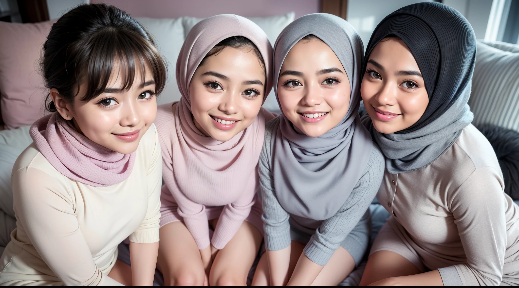 3 malay girls, (happy smile, laughing: 1.3), 8k, RAW portrait of malay girls with pompom plain hijab, 80mm, ultra high resolution, top quality, wear knitted pyjamas, top view, (looking up at the viewer from below), big, modern grey pastel living room, bed, sitting on fluffy couch with many big cute pillow, many cute pillow, break (natural skin texture, detailed skin, hyper-realism, super sharpness), intricate details, high resolution, natural light, cheerful environment, bright lighting, high quality, ultra detail, 8k, extreme close up shot, pastel color grading, bokeh,