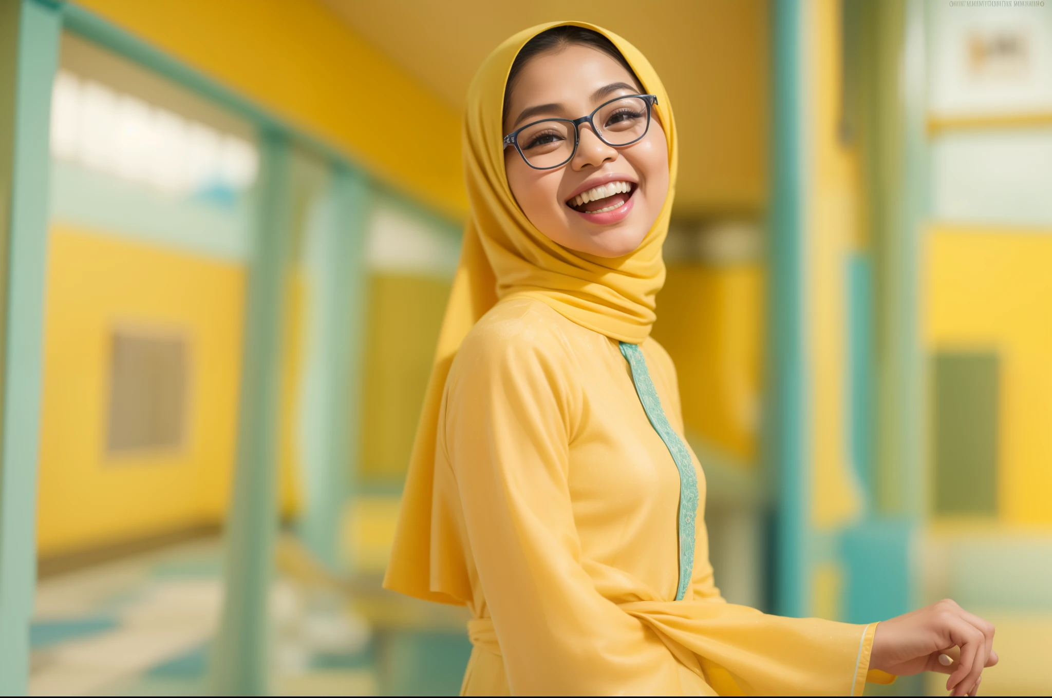 Sexy Malay woman in a light blue baju kurung in front of a yellow background, laughing, dimple, glasses, hijab, mira filzah, full portrait, on a yellow canva, full portrait shot, photo of young malay woman, photo of a woman, potrait, in yellow background, in Wes Anderson style, hyper - realistic photography, Wes Anderson style, full body, 8k, close - up shot, close - up photo, pastel color grading,