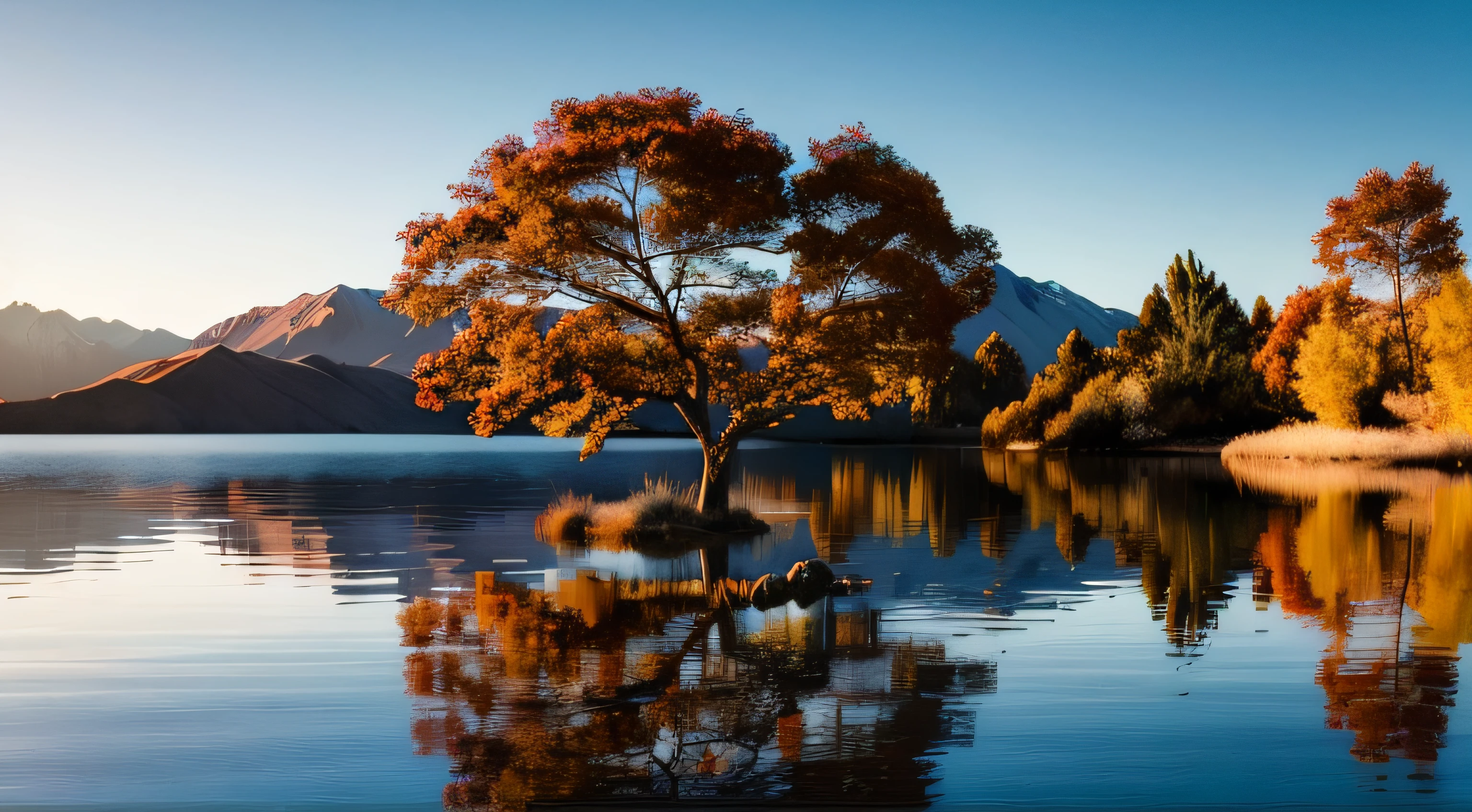 Remarkable landscape of colorful autumn Wanaka Tree reflection on Wanaka Lake with sunrise in the fresh morning, most popular photographed tree in Wanaka, autumn season in South New Zealand.