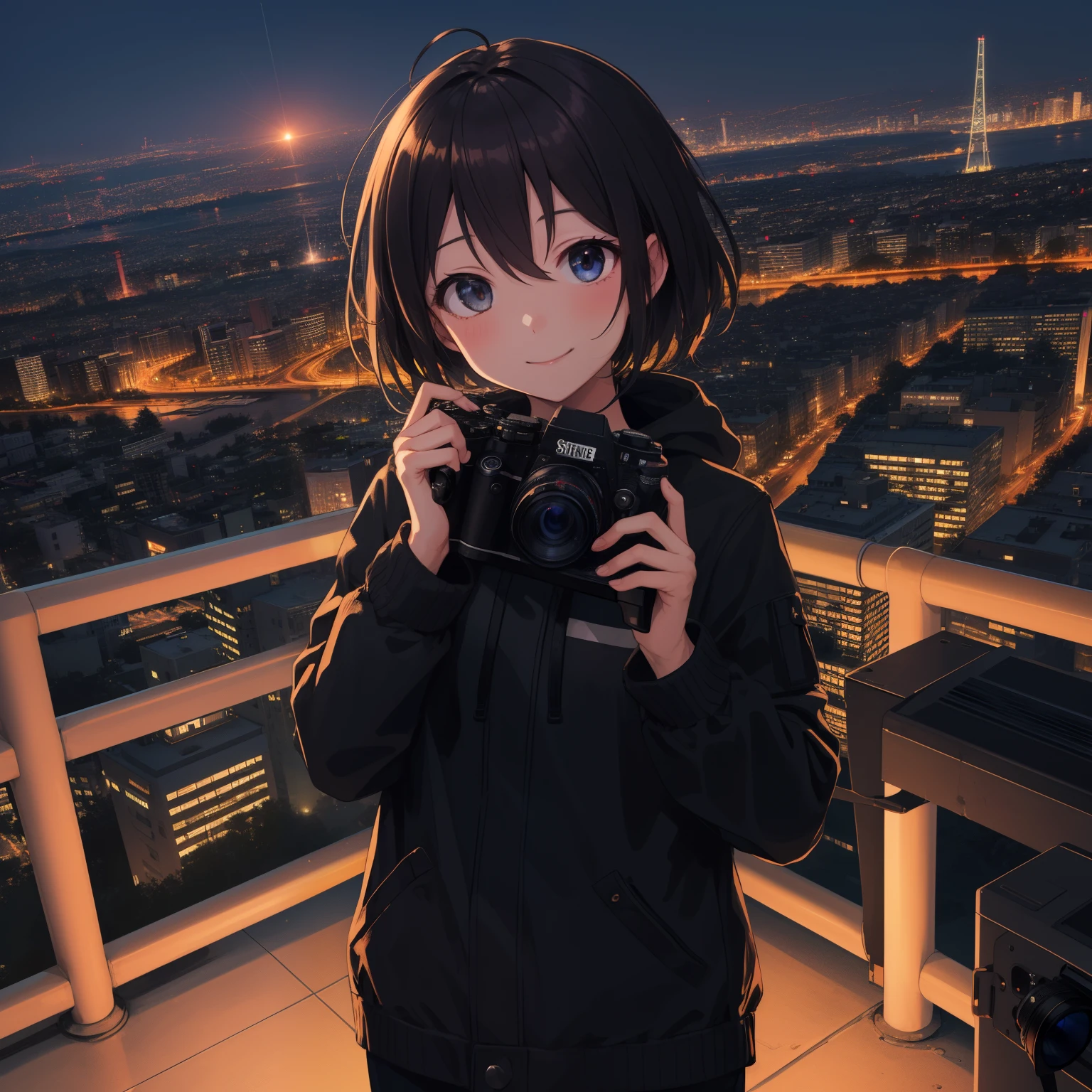 As night fell，urban skyline，Bright stars，Handheld camera film，Bust photo，With a smile，Eyes shining with expectations for the future，cameras、tripod、