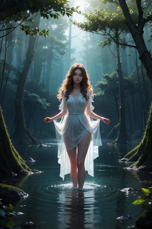 1 girl, standing in thigh deep water, long wavy hair, wet skin, transparent dress, high quality, masterpiece, magical atmosphere, forest