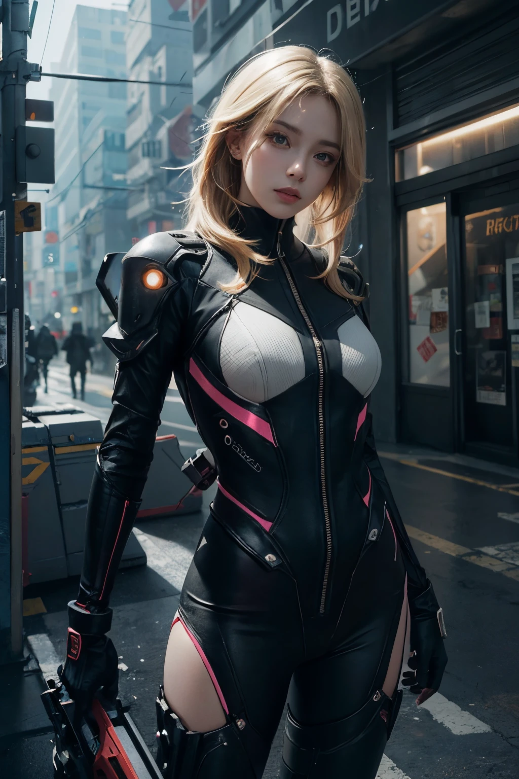 Beautiful sexy blonde girl 25 years old, ella esta ubicada en el centro, posicion de combate, Psychic powers, ciudad destruida, cyberpunk, objetos fractales alrededor, cyberpunk, Fractal design in the background, golden ratio, 3D tessellation of metal structures, Science fiction scene, neuronal graph, neuronas, Color, amor, passion, oil on canvas, pinceladas gruesas, Stunningly Detailed, 8k, obra maestra, Artstation, surrealista, obra maestra, realista, realismo, fotorrealismo, alto contraste, photorealistic digital art trending on artstation 8k hd high definition detailed realistic, detallado, textura de la piel, hiper detallado, textura realista de la piel, armadura, mejor calidad, ultra-high-resolution, , high resolusion, detallado, foto sin procesar, nikon d850 film stock photograph 4 kodak portra 400 camera f1.6 Lens rich colors hyper realistic texture dramatic lighting UnrealEngine trend in Artstation Cinestill 800,